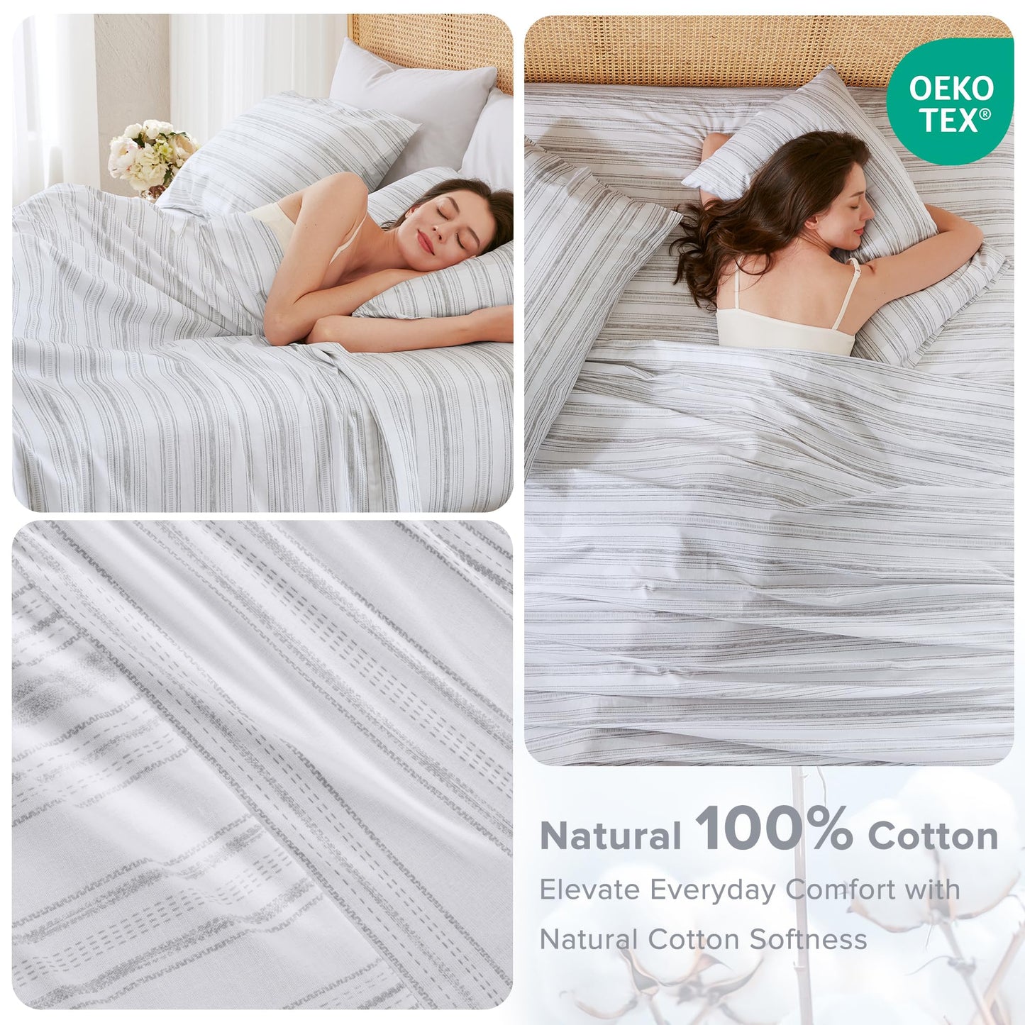 Comfort Spaces 100% Cotton Sheets Twin XL, Breathable, Naturally Cool Cotton Sheets, Cotton Bed Sheets with 12" Elastic Pocket Fits up to 14" Mattress, All Seasons Sheet Set, Good Vibes Grey 3 Piece