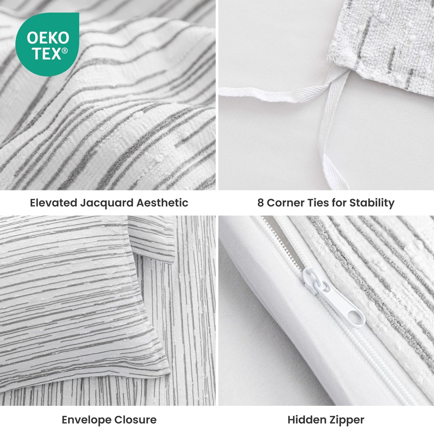SLEEP ZONE Duvet Cover Set Queen, Luxury Jacquard Lines Soft and Breathable 3 Pcs Comfy Bedding Set Duvet Cover with Zipper Closure and 2 Pillow Shams, Gray