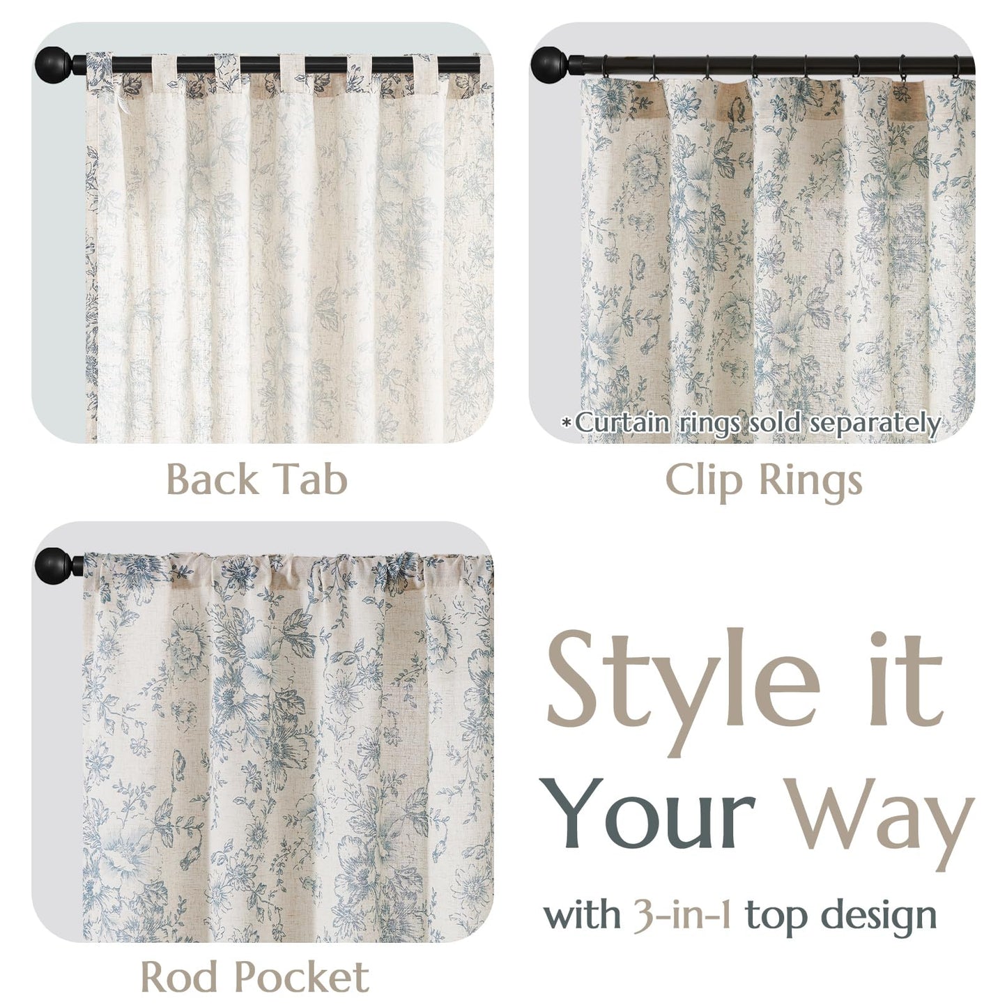 jinchan Linen Blend Curtain Floral Curtains for Living Room 84 Inch Length Blue Printed Curtain Rod Pocket Back Tab Farmhouse Peony Flower Patterned Drapes Bedroom Window Curtains Set 2 Panels