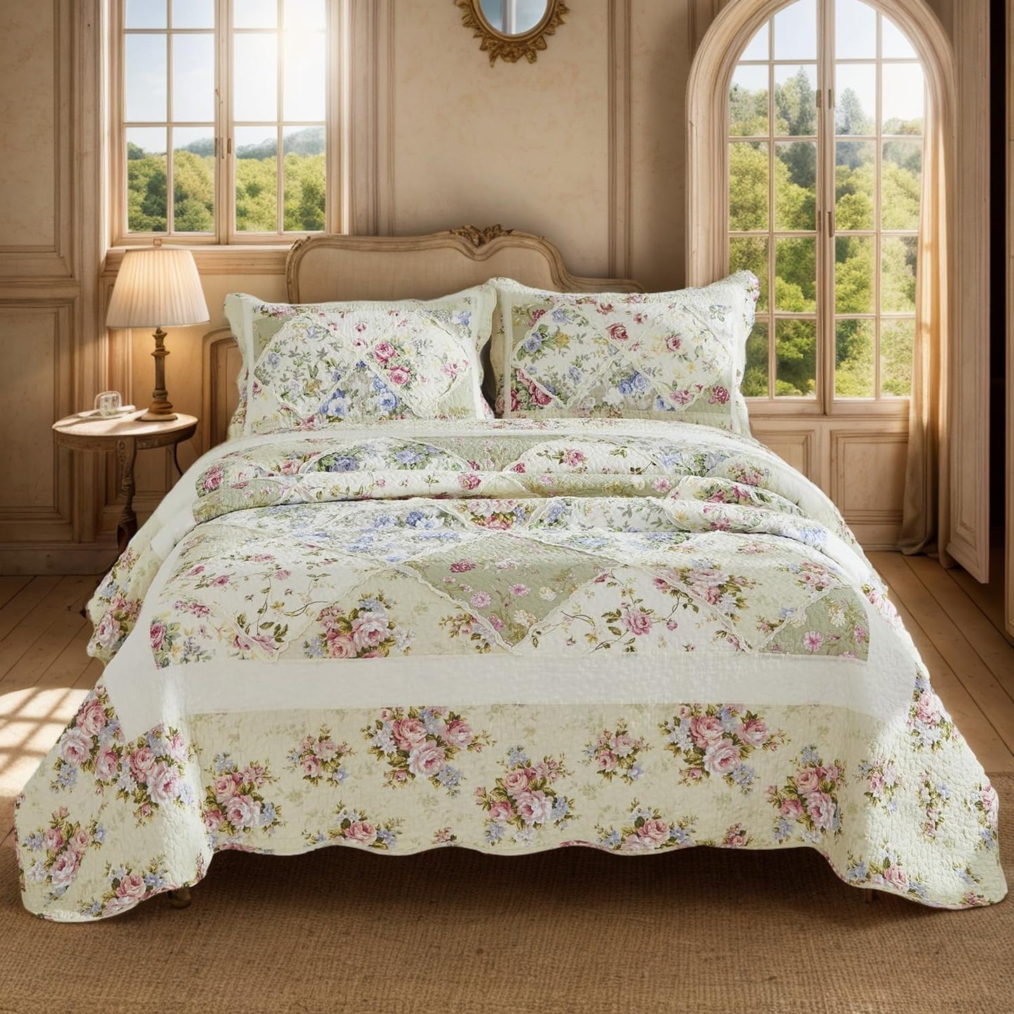 Brandream Patchwork Quilts Cotton Queen Size Country Rustic Rose Floral Bedding Coverlet Set 3-Piece Pale Yellow