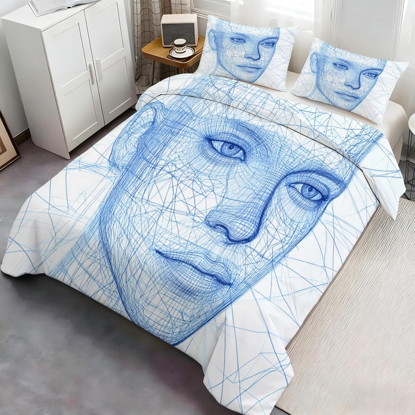 PAISUOQ 3D Woman Duvet Cover Full, Abstract Woman Bedding, Blue Comforter Cover with 2 Pillow Cases, 3 Pieces with Zipper & Ties, Bedroom Decor & Gifts