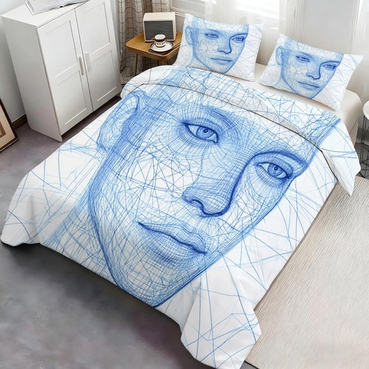 PAISUOQ 3D Woman Duvet Cover Full, Abstract Woman Bedding, Blue Comforter Cover with 2 Pillow Cases, 3 Pieces with Zipper & Ties, Bedroom Decor & Gifts