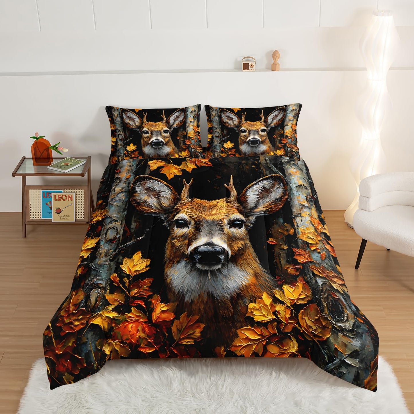 HOSIMA Deer Twin Comforter Set,Brown Deer in Forest Print Animal Bedding for Teens Boys Room Decor,Maple Leaves Pattern Hunting Themed Fluffy Wildlife Bedding Sets with 2 Pillowcases.