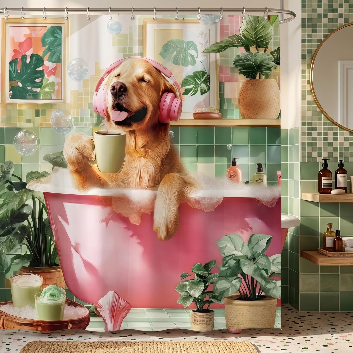 Aeivice Funny Dog Shower Curtain, Kids Cute Fun Pet Shower Curtains Set, Boho Unique Aesthetic Tropical Leaves Animal Polyester Fabric Shower Curtains for Bathroom with Hooks 72X72IN Pink Green