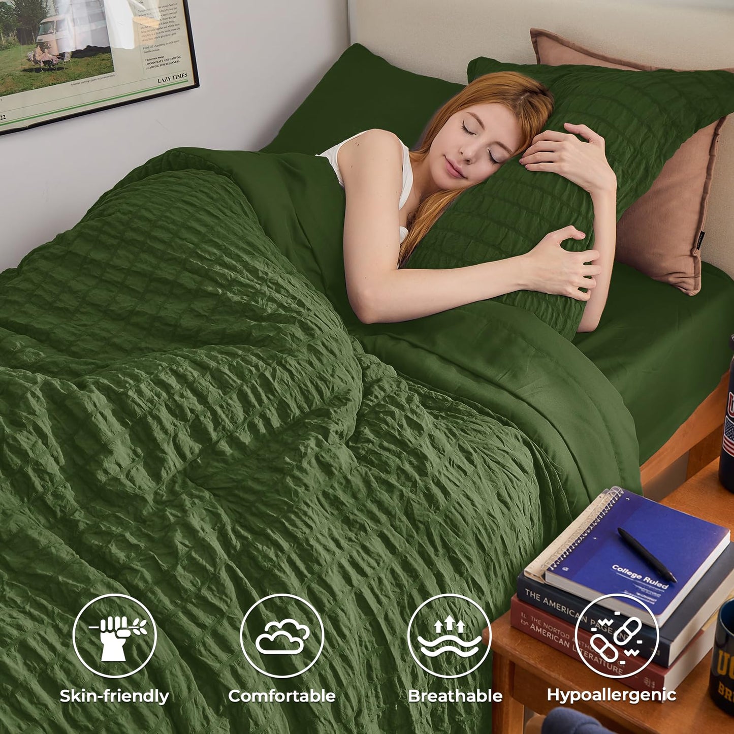 HYMOKEGE Olive Green Twin Comforter Set Seersucker 5 Pieces, All Season Luxury Bed in a Bag for Bedroom, Bedding Set with Comforter, Sheets, Pillowcase & Sham