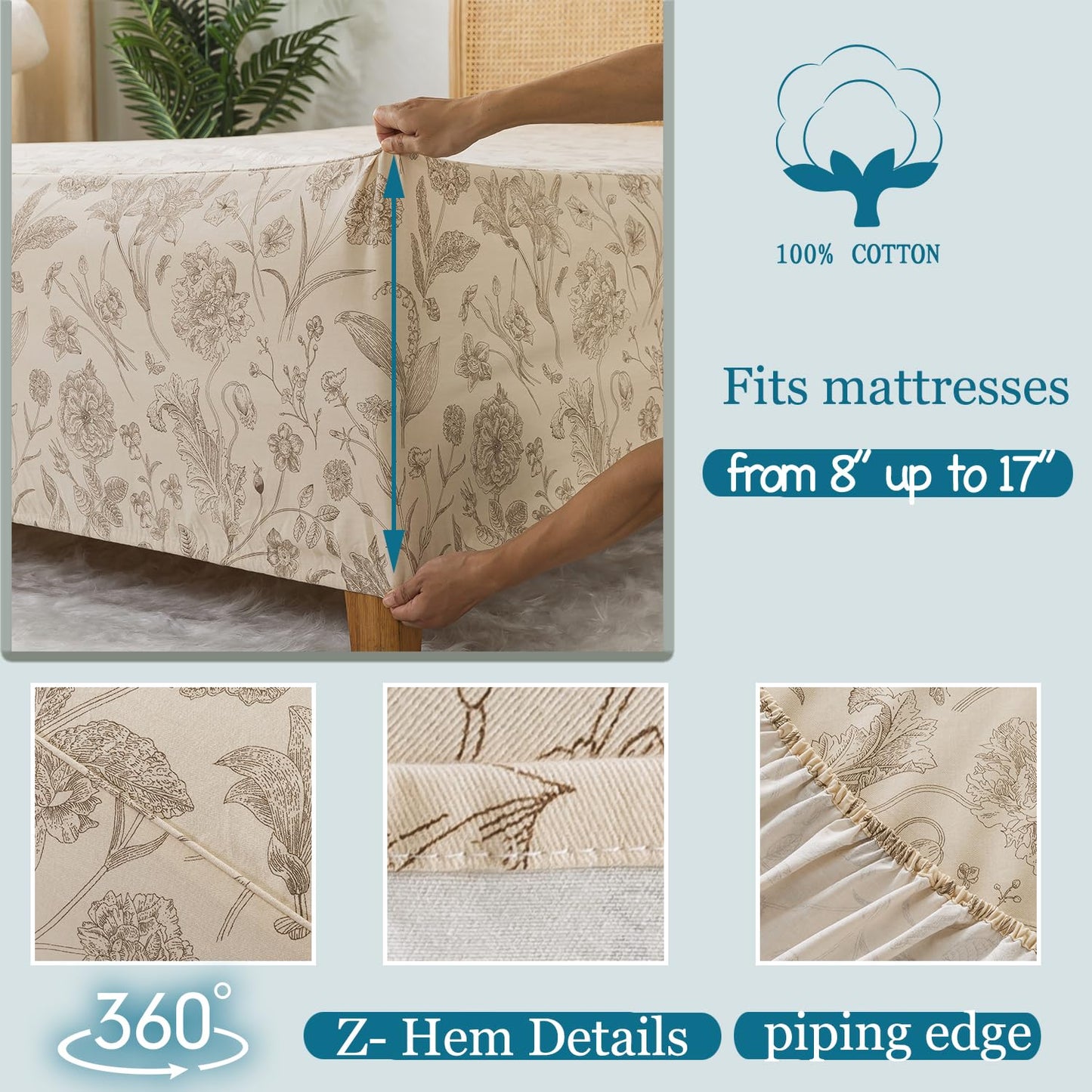 Zusbest Queen Sheet Set 100% Percale Cotton Beige Floral Bed Sheet Set, Brushed for Extra Softness, Breathable Luxury Toile Flannel Sheets Like Khaki Flower Print Deep Pocket Sheets 17.5'' 4 Pcs