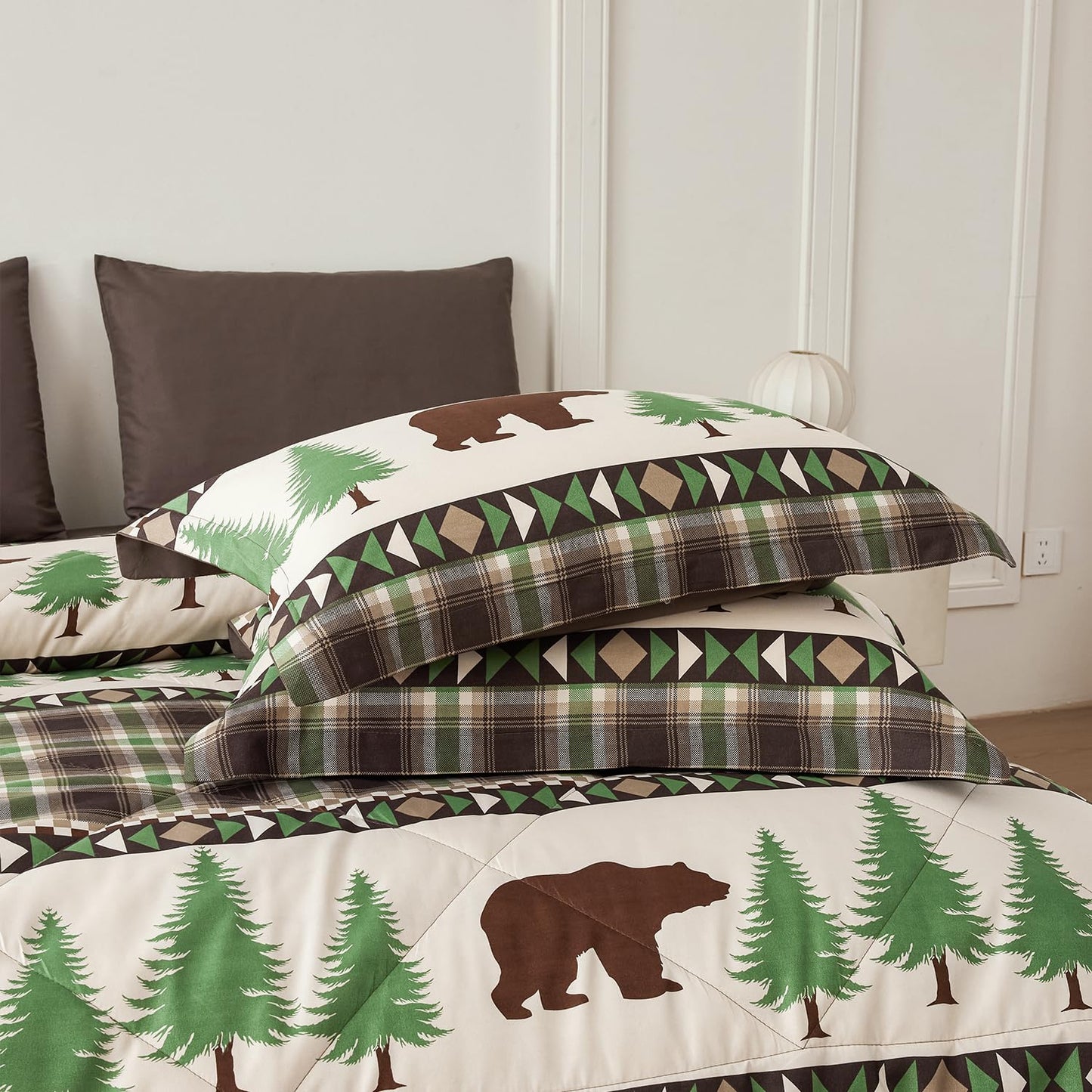 Smuge Lodge Moose Comforters Queen Size Set - 7 Pieces Bed in a Bag Bear Rustic Cabin Country Comforter Sets Queen Bed, Down Alternative Bedding Sets, Sheets, Pillowcases & Shams(Coffee Green)