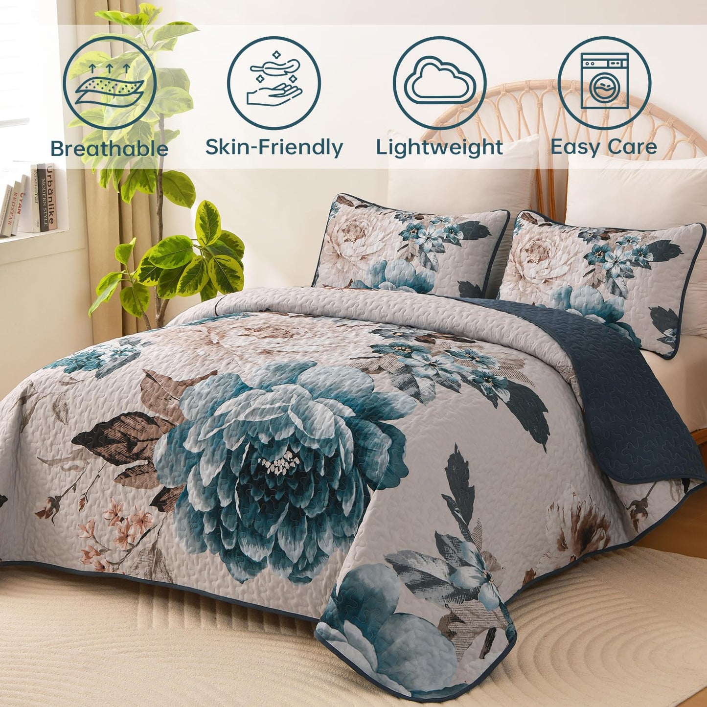 WONGS BEDDING Floral Quilt Set Aqua Queen,Quilted Printed Lightweight Bedspread Bedding Set for All Season,3 Pieces Reversible Botanical Plant Coverlet Set with 2 Pillow Shams