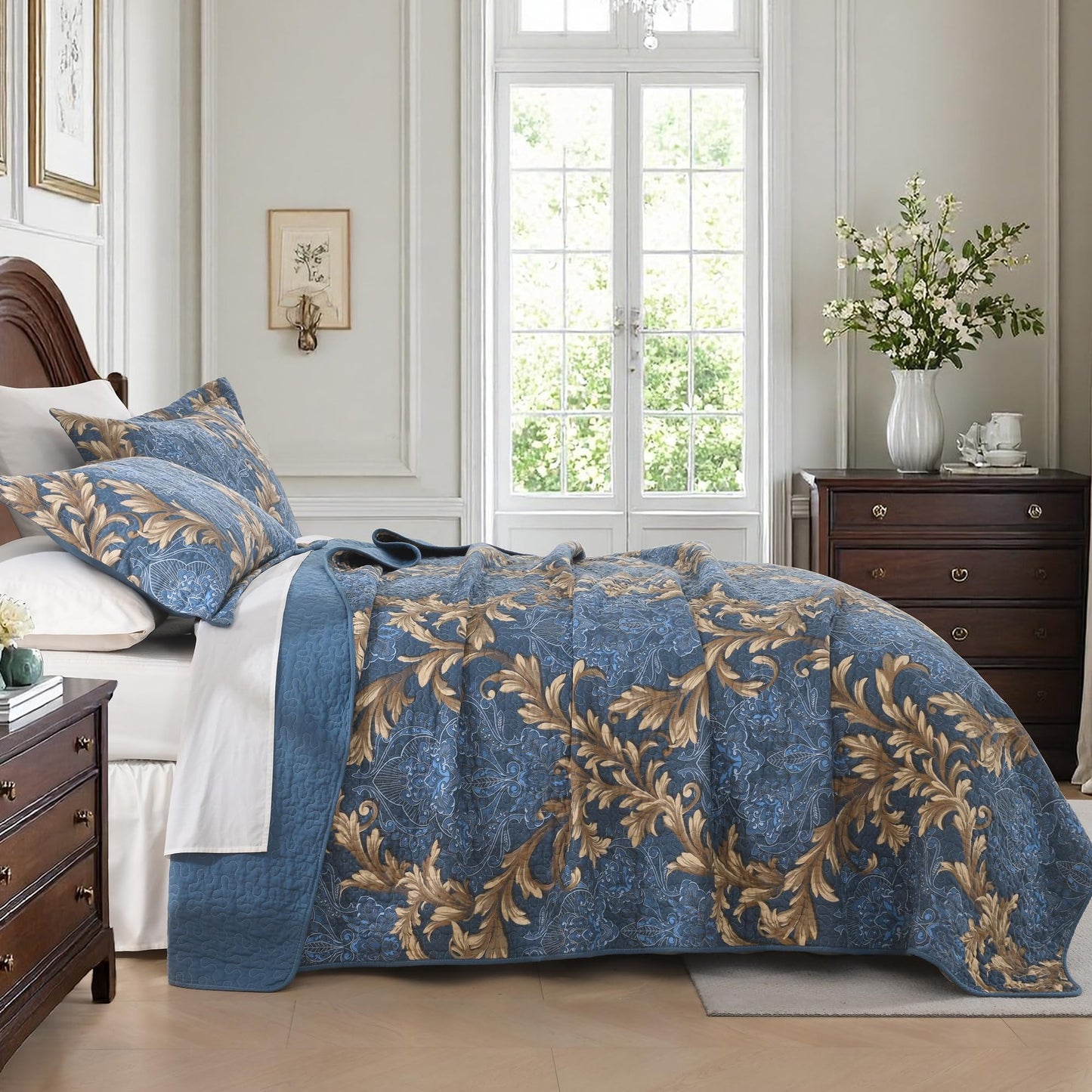 BCOTTOND King Size Quilt Set - Blue and Brown Quilt King, 100% Cotton Damask Bedspread Set 3 Piece, Classic Elegant Lightweight Comforter, Reversible Quilt Bedding Set for All Season