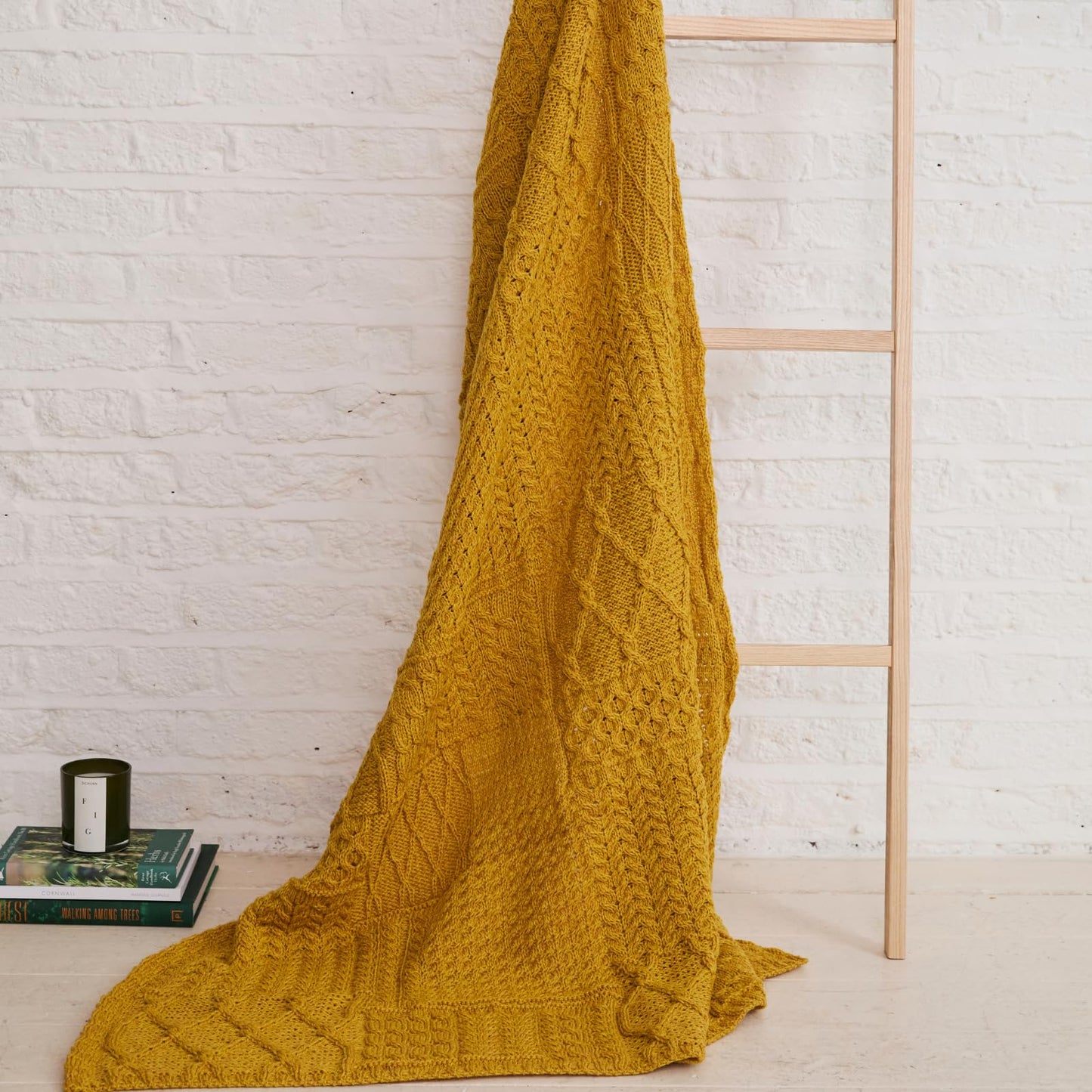Aran Woollen Mills Patchwork Blanket, 100% Merino Wool, Cable Throw Blanket for Couch or Bed, Made in Ireland, Keel, Yellow, 40" x 60" (102 x 152 cm)