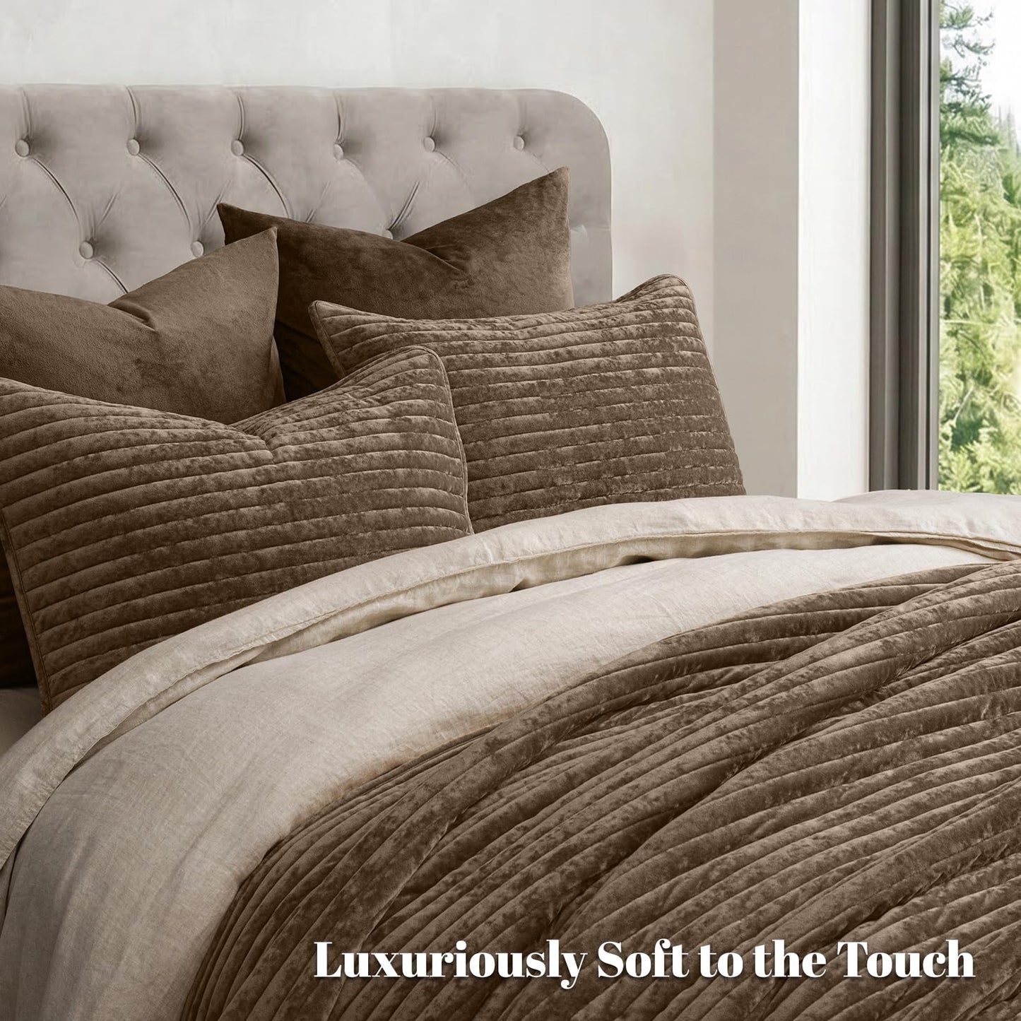 PHF Luxury Velvet Quilt Set Queen Size – 3PCS Ultra Soft Quilted Comforter Alternative with Striped Channel, Cozy Quilted Bedspread, 1 Coverlet with 2 Matching Shams, 90" x 92", Cub