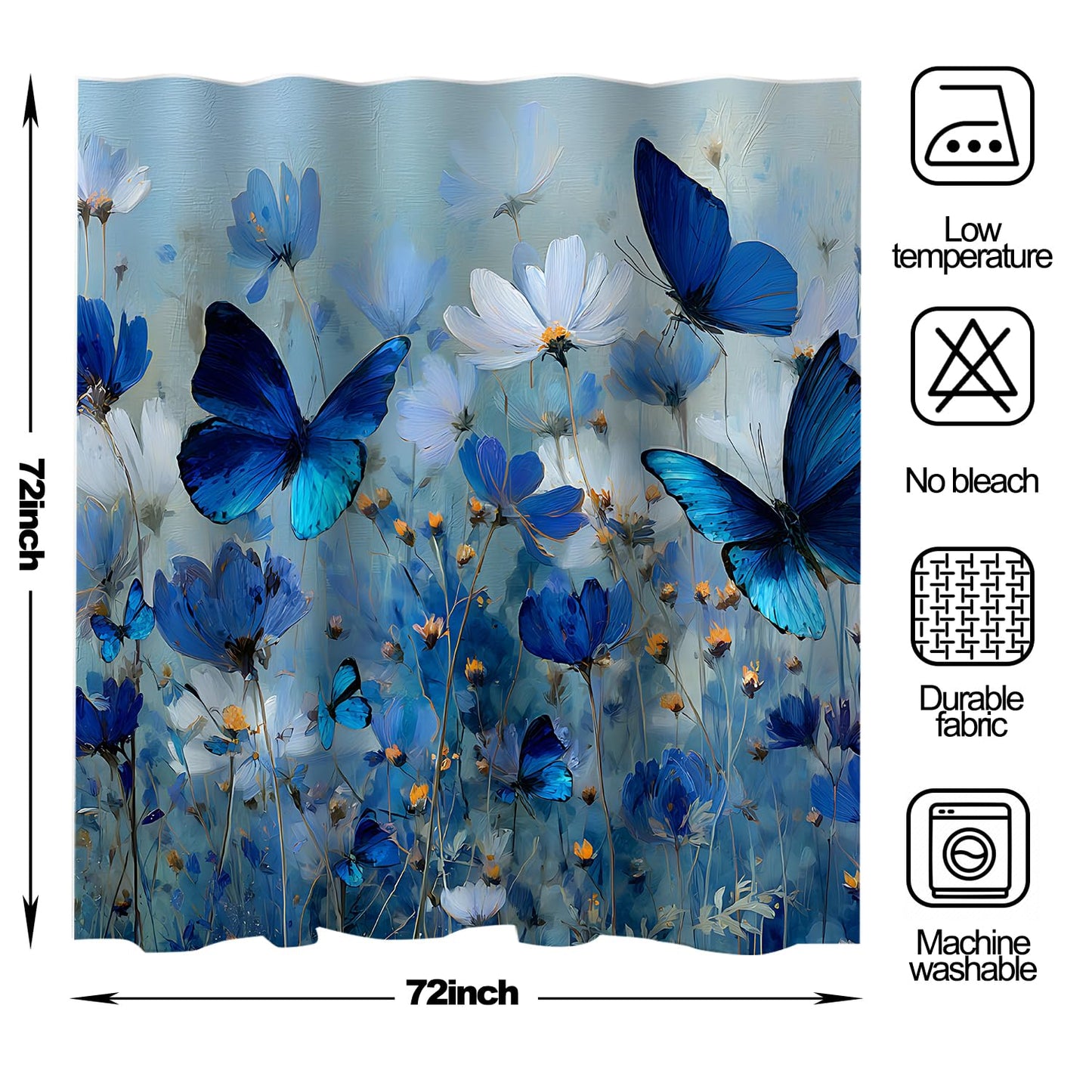 THISFIND Shower Curtain, Blue Floral with Butterflies on Gradient Background Machine Washable Waterproof Fabric for Bathroom Decor Bathtub with 12 Hooks 72x72