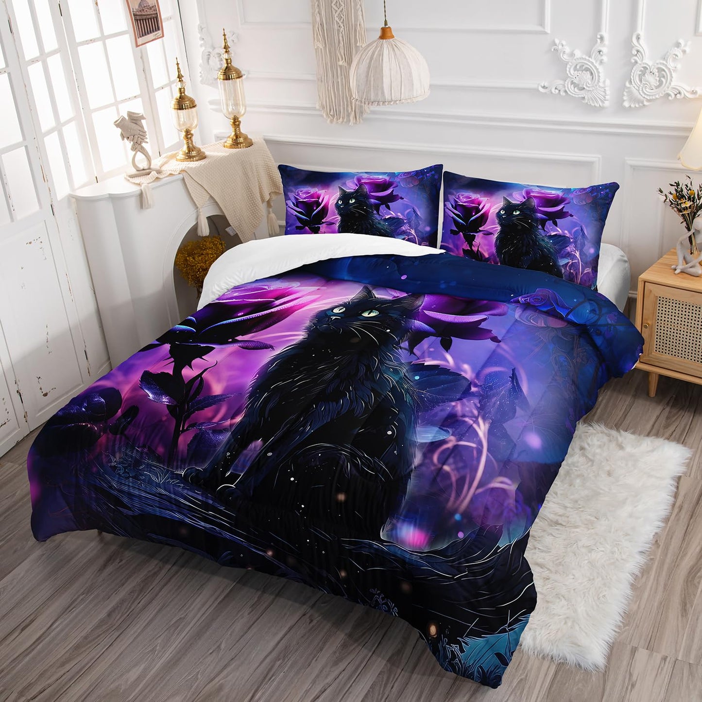 AILONEN Cartoon Black Cat Comforter Set Queen Size, 3D Purple Rose Bedding Set for Girls Women Bedroom Decor,Starry Night Planet Duvet Set,3 PCS, 1 Quilt 2 Pillowcases