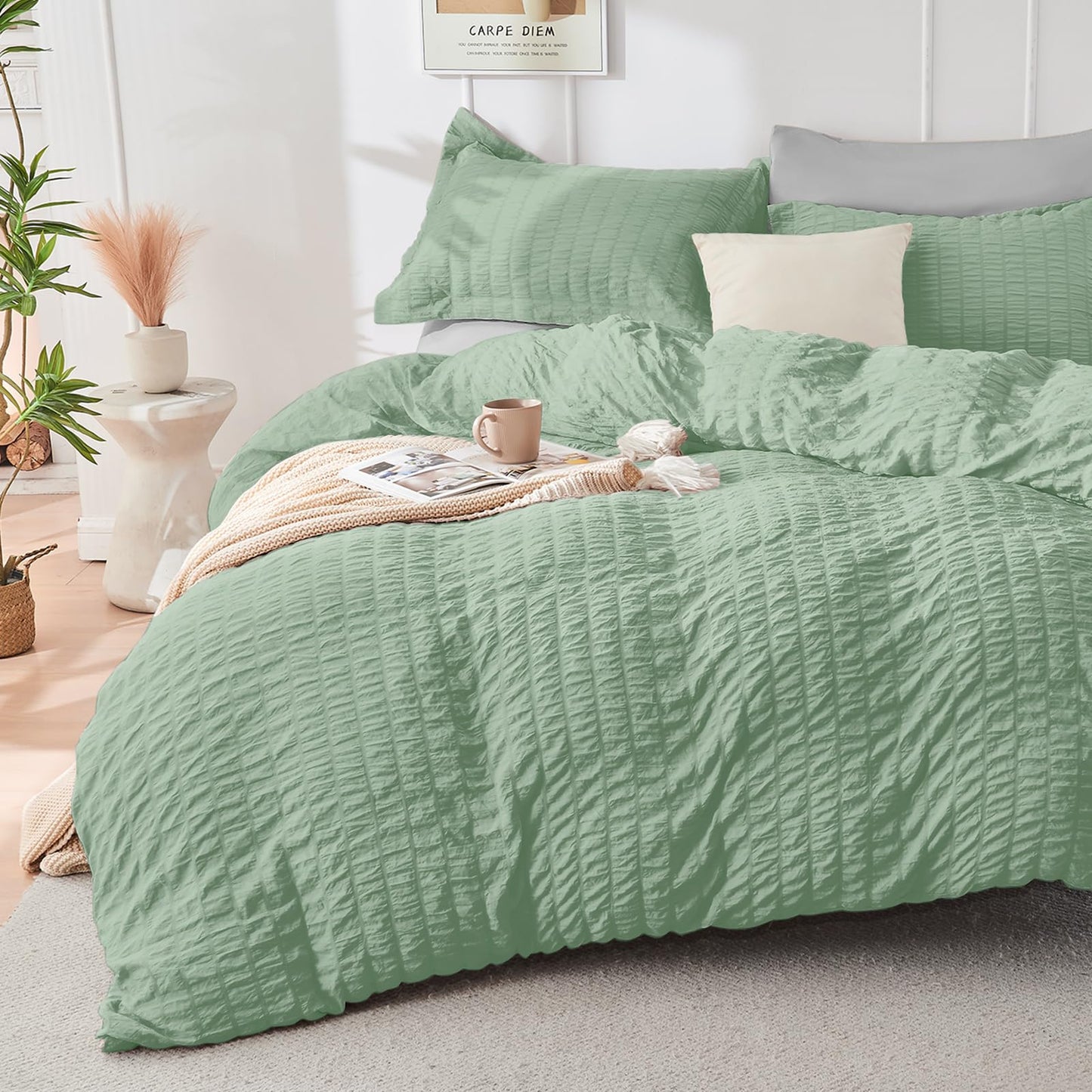 HYMOKEGE Sage Green/Light Grey Twin Comforter Set Seersucker 5 Pieces, All Season Luxury Bed in a Bag for Bedroom, Bedding Set with Comforter, Sheets, Pillowcase & Sham
