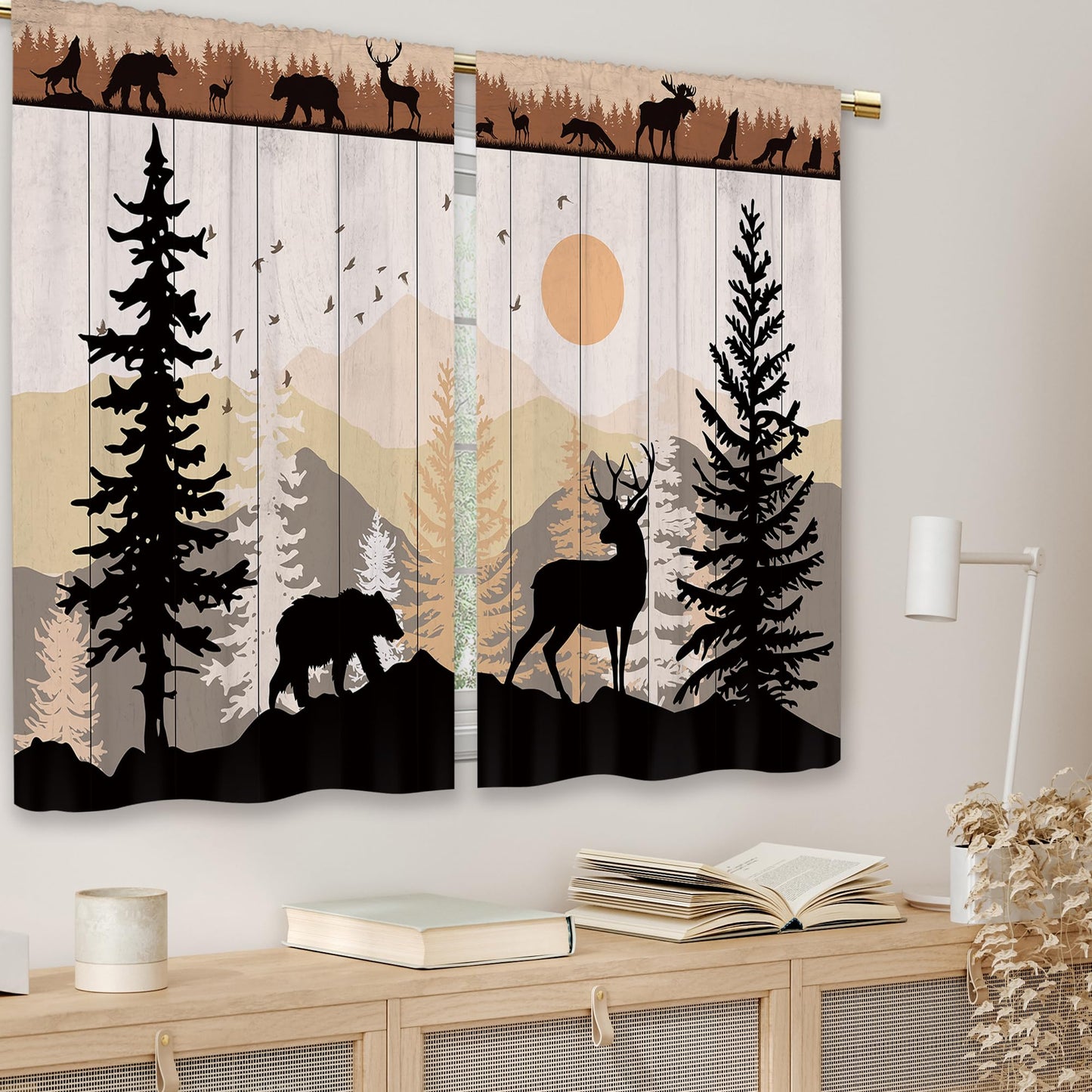 Laifzere Farmhouse Forest Cabin Kitchen Curtains Rustic Wooden Small Short Cafe Window Curtains Tree Country Deer Bear Rod Pocket Bathroom Window Drapes Treatment Tier Curtains 2 Panels (27.5x39 Inch)