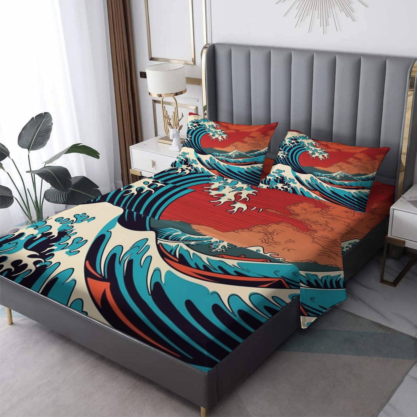 Japanese Wave Sheets King Sheet Sets - Hokusai Bed Sheets, Soft Microfiber & Deep Pocket & Wrinkle Free Patterned Bedding Sheets & Pillowcases, 4 Piece ( 1 Fitted Sheet, 1 Flat Sheet, 2 Pillow Cases )