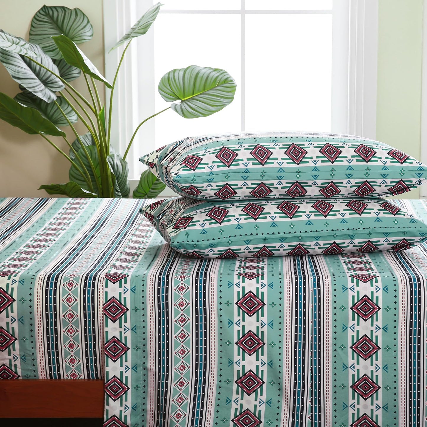 CozySmile 4 Pieces King Sheet Set Bohemian, Boho Sheets Soft Microfiber Deep Pocket, Western Sheets Geometric(King, Mint Coral Striped)