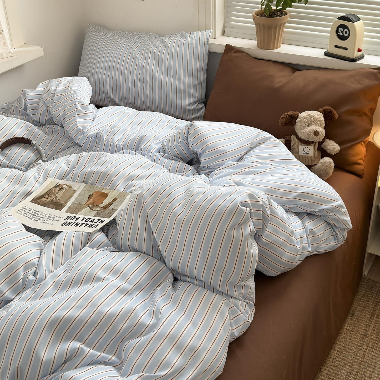 VM VOUGEMARKET Blue Brown Striped Duvet Cover Set Queen Size,Casual Stripe Bedding Set for Teens,Soft Microfiber Comforter Cover for Modern Bedroom,90"x90"
