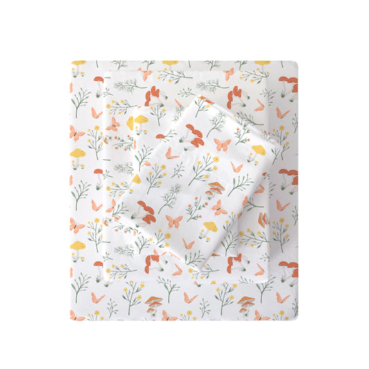 Viviland Mushroom Twin Sheet Set - 4 Piece Vintage Butterfly Flower Patterned Bed Sheets - Soft, Breathable Microfiber Floral Sheets with Deep Pocket, Non-Slip Fitted Sheets & Pillowcases