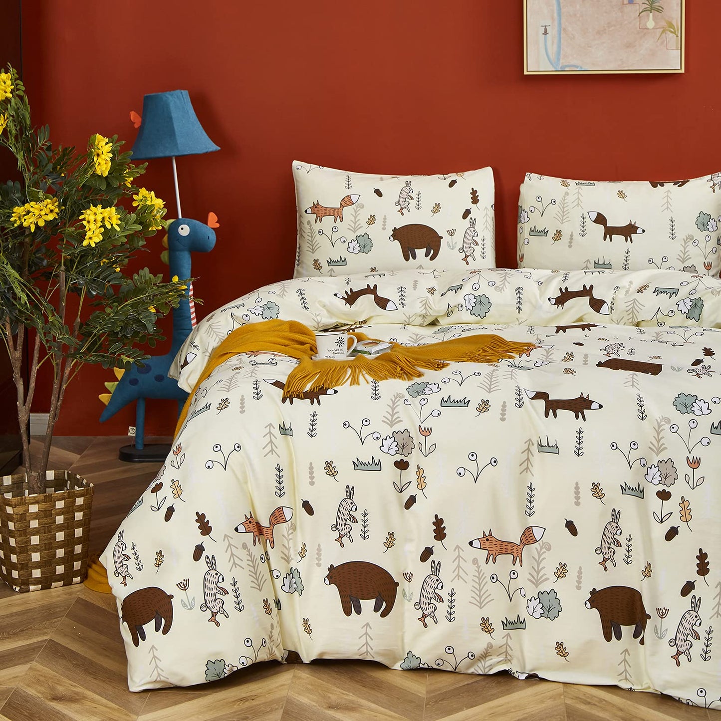 CLOTHKNOW Yellow Queen Duvet Cover Sets Kids Cartoon Bedding Sets Animal Woodland Fox Rabbit Theme Bedding Queen with 2 x Pillow Cases