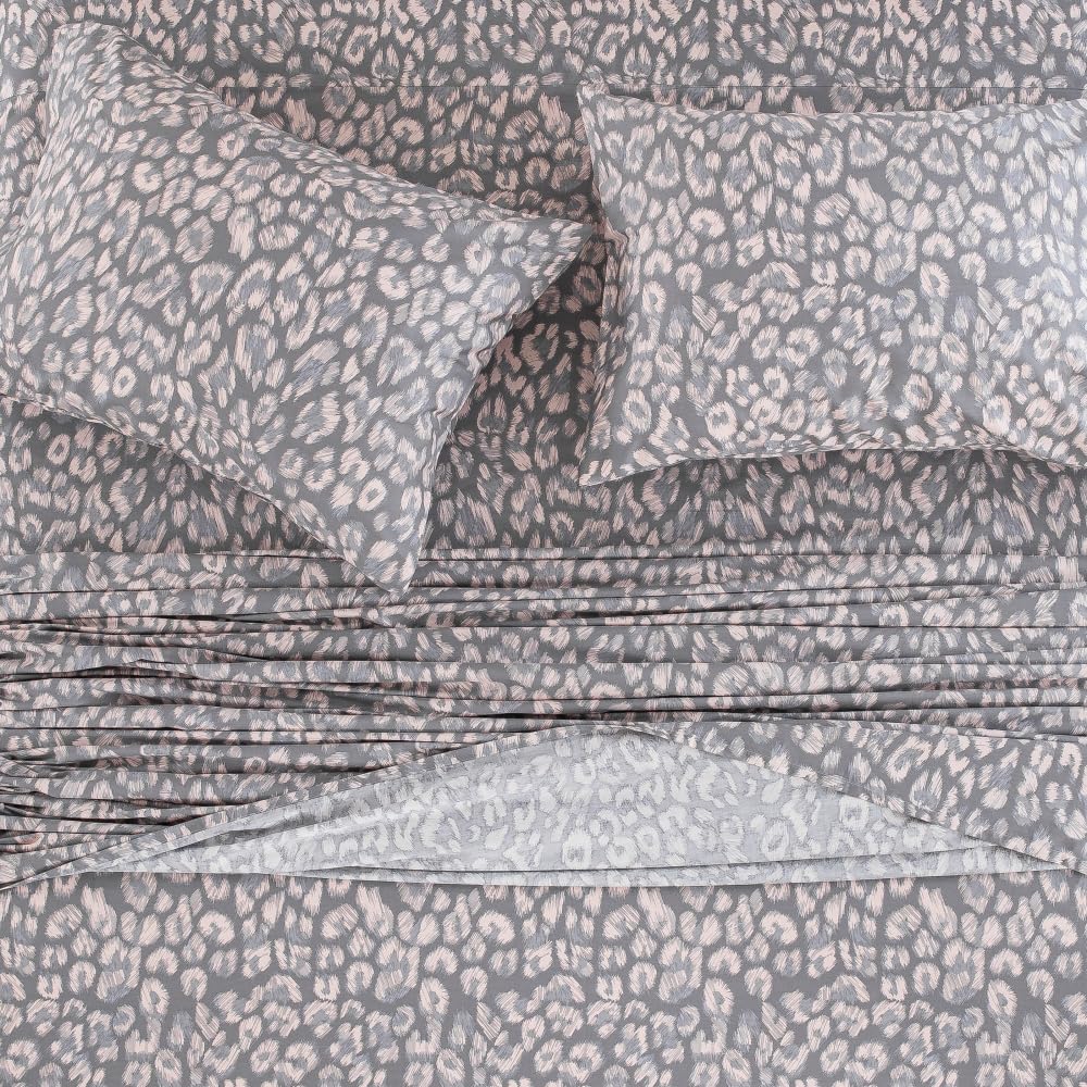DAUAOTO King Size Printed Sheets Set, 100% Cotton Bedding Sets, Up to 14" Deep Mattress, Modern Pattern Bedlinen Set, Leopard Gray