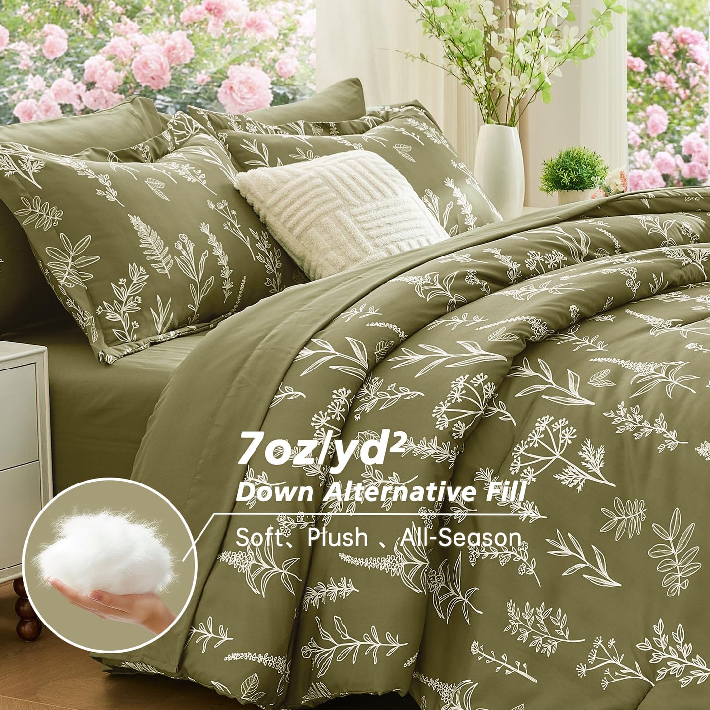 MUXHOMO Olive Green King Comforter Set, Elegant Floral Print Bed in a Bag 7 Pieces, Ultra Soft & Breathable Reversible Botanical Pattern Bedding Set with Comforter, Sheets, Pillowcases, and Shams