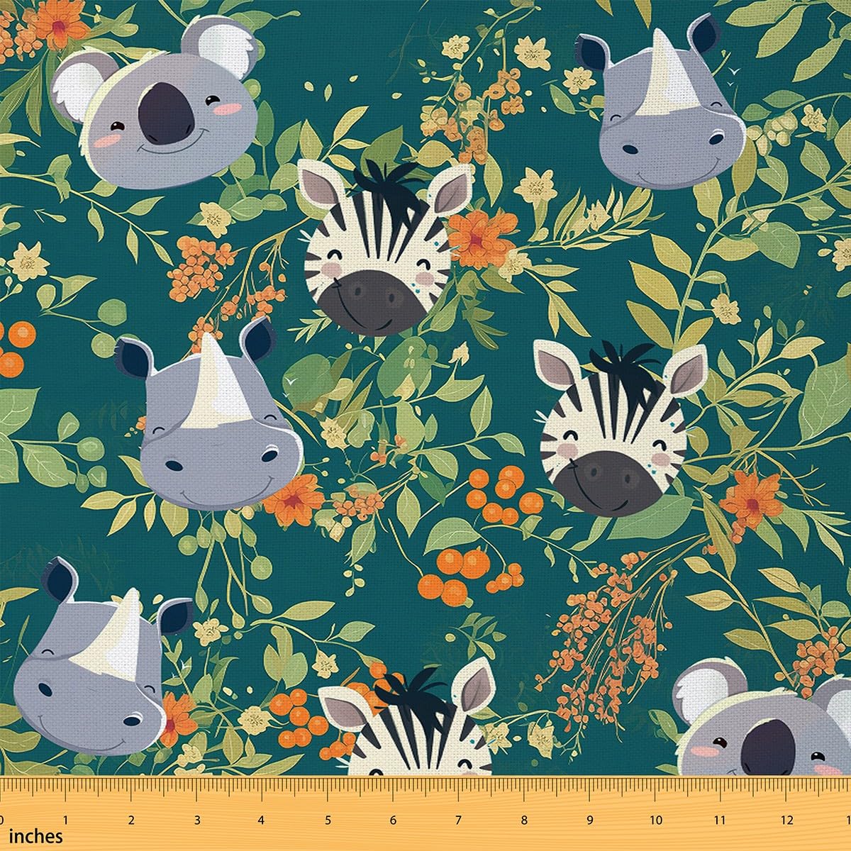 Cartoon Animals Fabric by The Yard Cute Zebra Koala Hippo Wildlife No Stretch Sewing Fabric Watercolor Green Leaves Jungle Soft Flannel Polyester Fabric for Home DIY Projects 1 Yard Pre-Cut,36"x59"