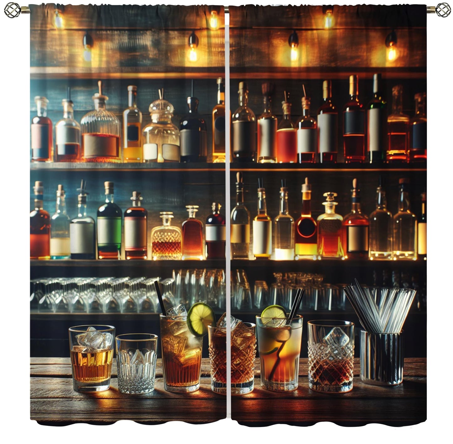 VUMIVI Retro Pub Curtains Wooden Bar with Cocktail Beer Whiskey Print Speakeasy Style Rod Pocket Window Treatments for Living Dining Bedroom Kitchen Man Cave Home Bar 42" W X 44.5" L