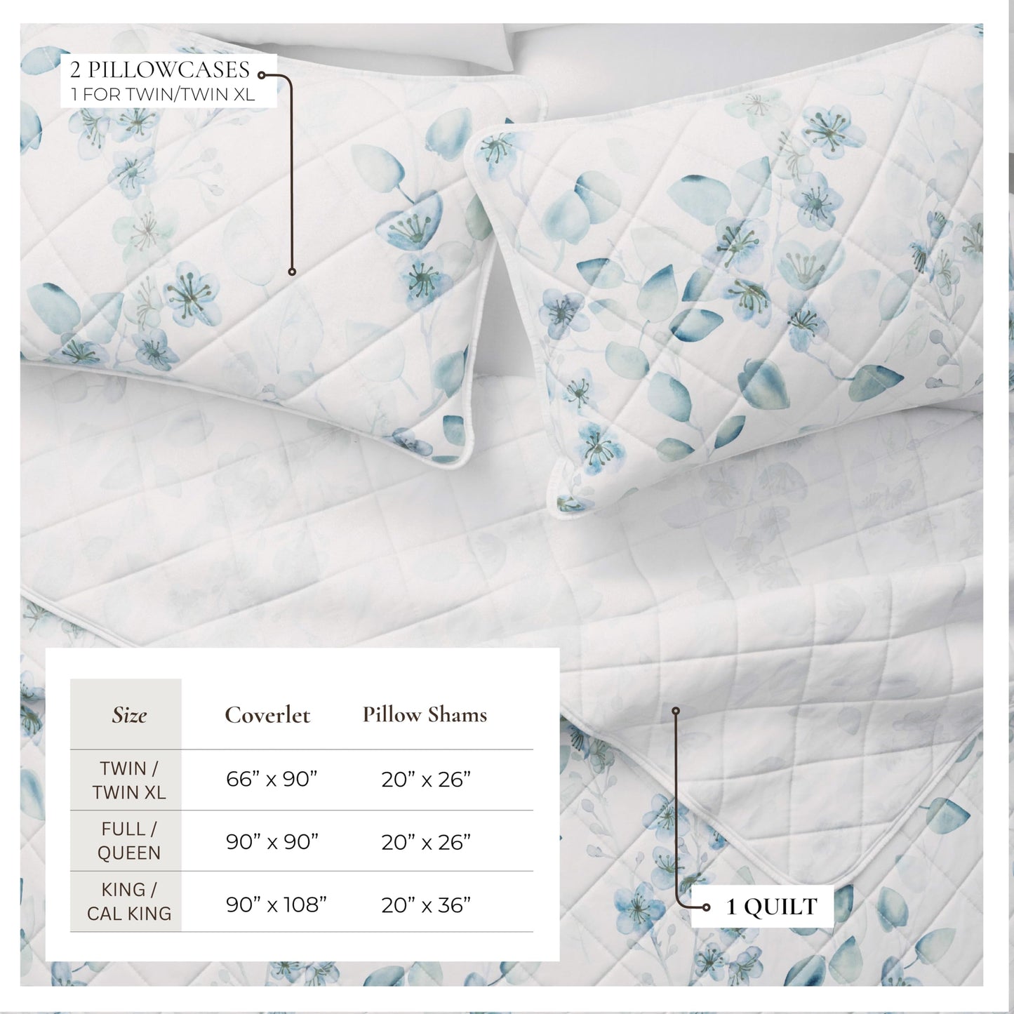 Great Bay Home Floral Quilt Set - 3-Piece King/California King Size Spring Bedding Set - Lightweight, All-Season, Reversible Bedspread (Blue/Green)