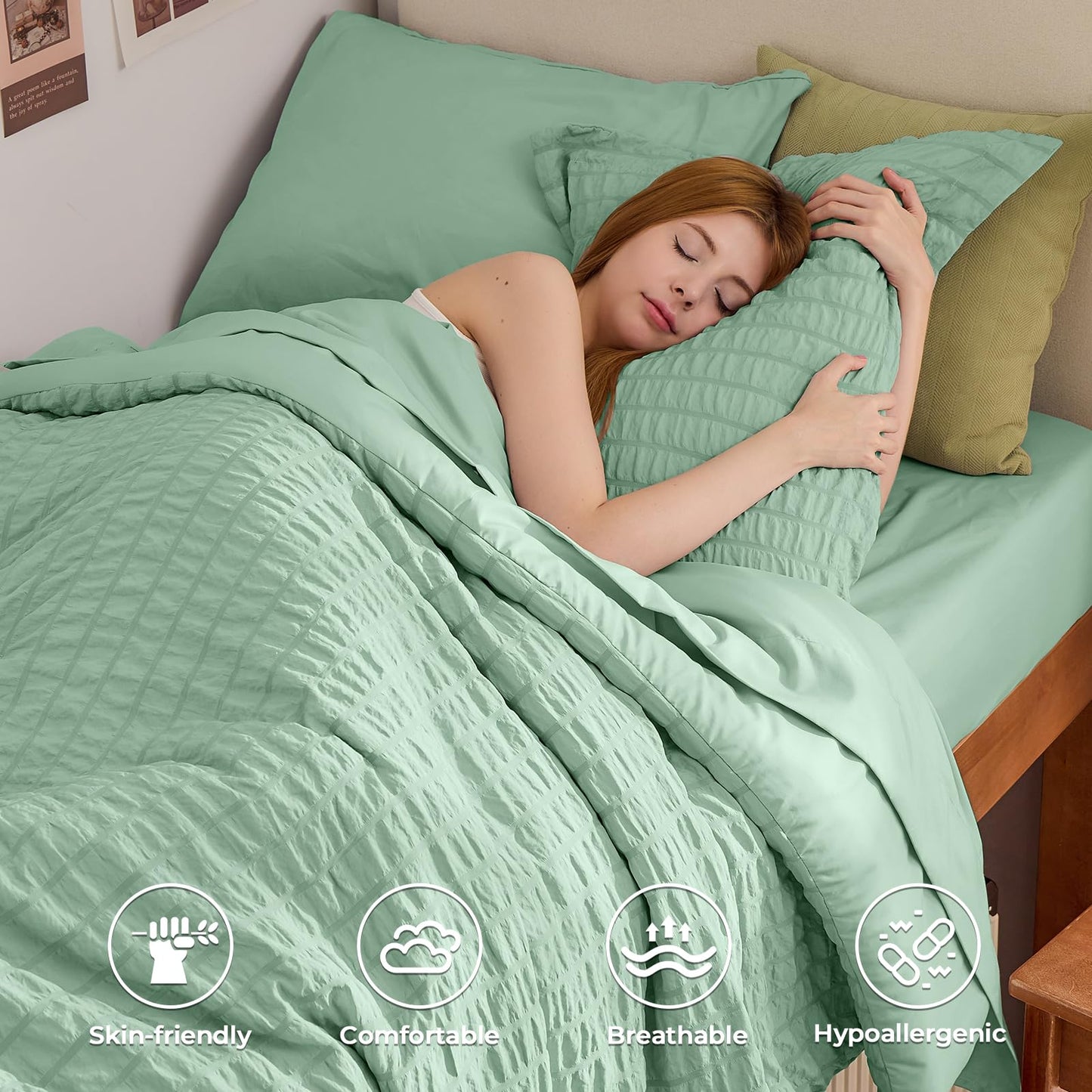 HYMOKEGE Sage Green Twin Comforter Set Seersucker 5 Pieces, All Season Luxury Bed in a Bag for Bedroom, Bedding Set with Comforters, Sheets, Pillowcase & Sham