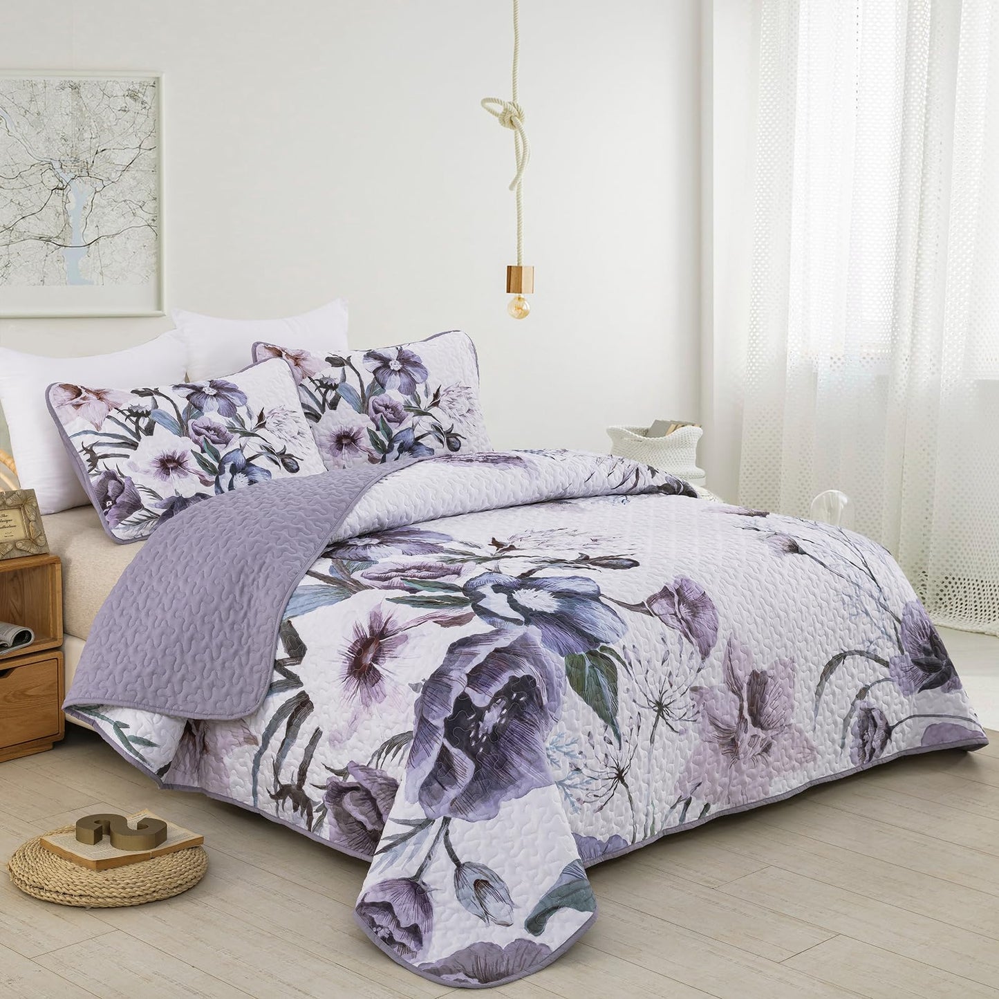 3 Pieces Floral Quilt Set Full Purple Flower Pattern Quilt Coverlet Set Soft Microfiber Lightweight Boho Purple Floral Quilted Bedspread for All Season 80"x90"