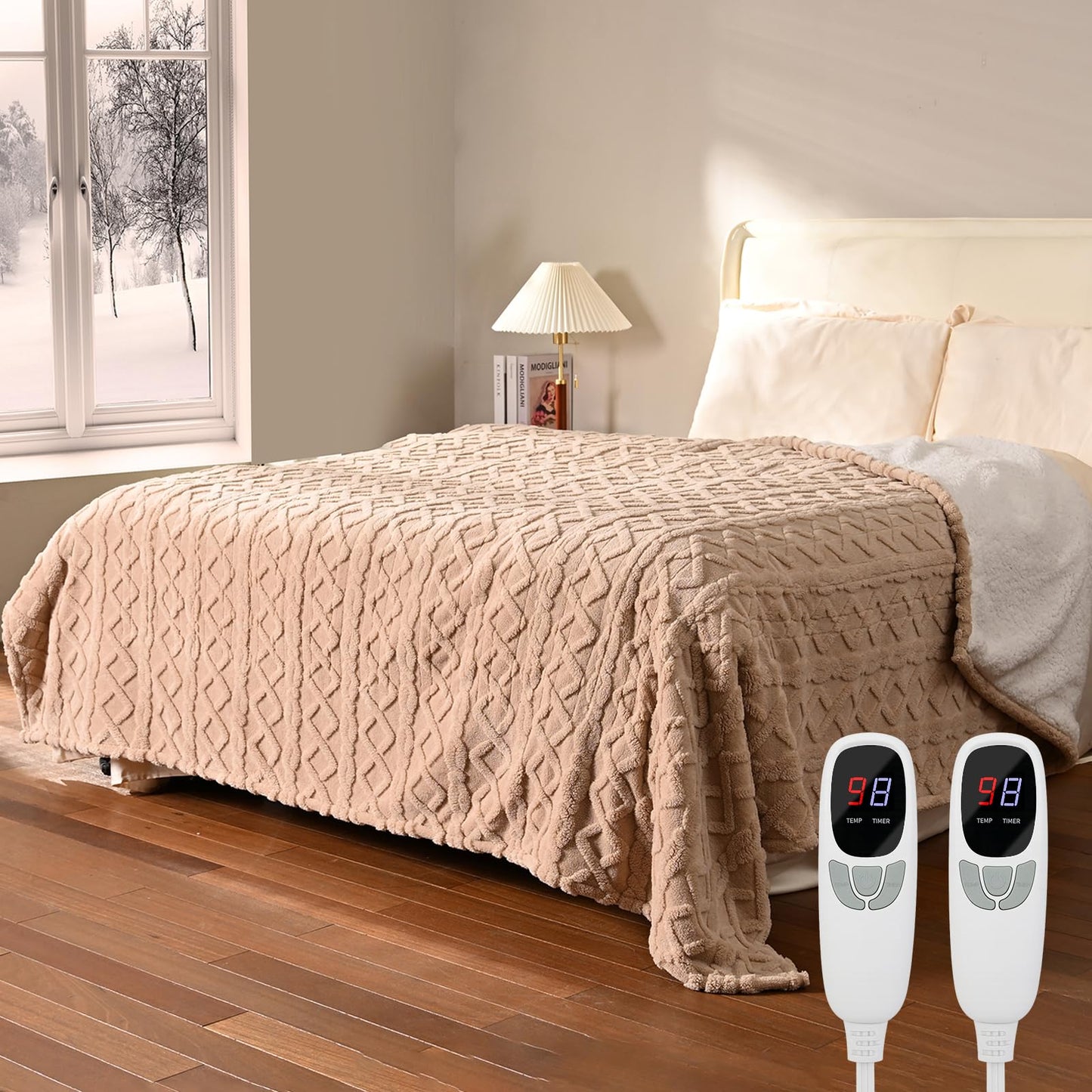 Heated Blanket Electric Queen Size - 84"x90" Electric Blanket with Dual Control, 9 Heat Levels and 1-10 Hours Timer, Soft Jacquard Fleece & Sherpa Washable, Great Gift Idea - Beige