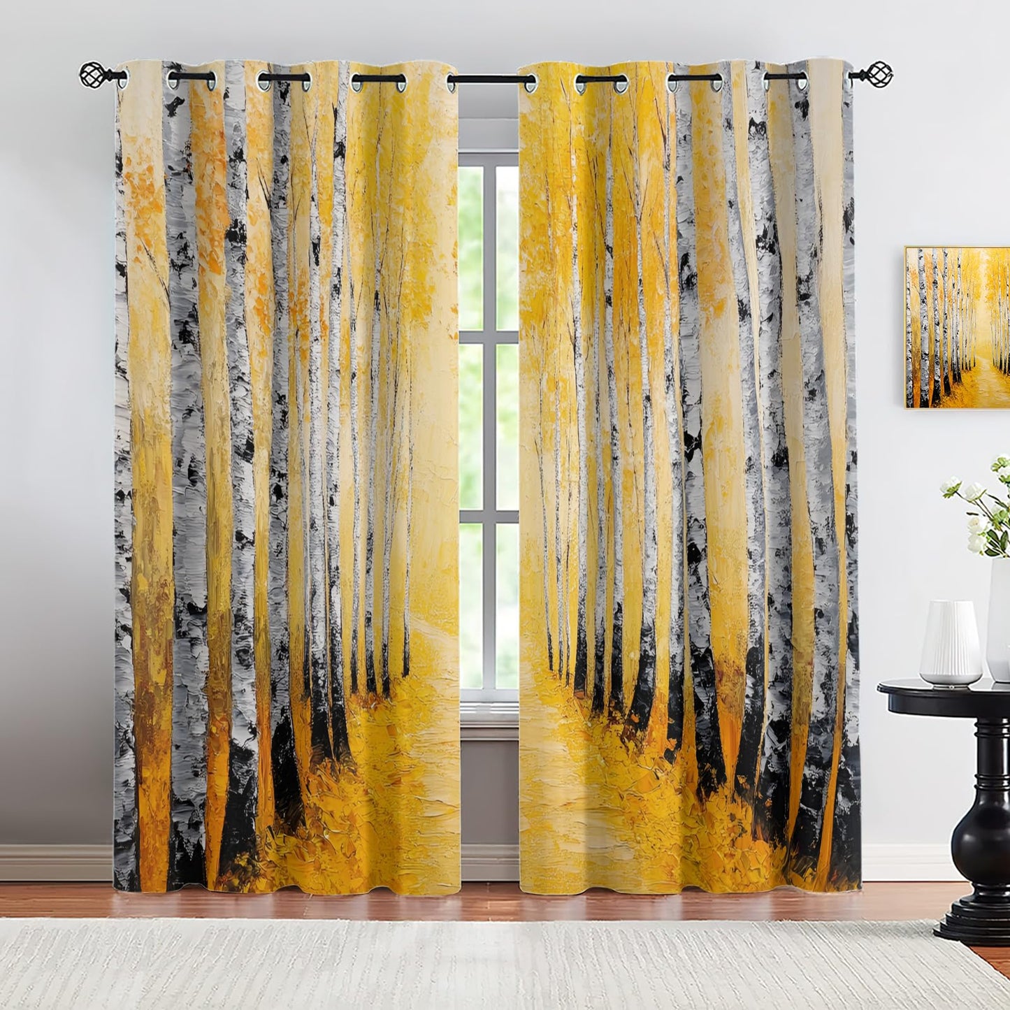 JAXIUOF Autumn Forest Blackout Curtains for Bedroom 84 Inch Long 2 Panels, Birch Trees Window Curtains, Forest 3D Printed Drapes, Grommet Top Window Treatments for Living Room Kitchen Decor