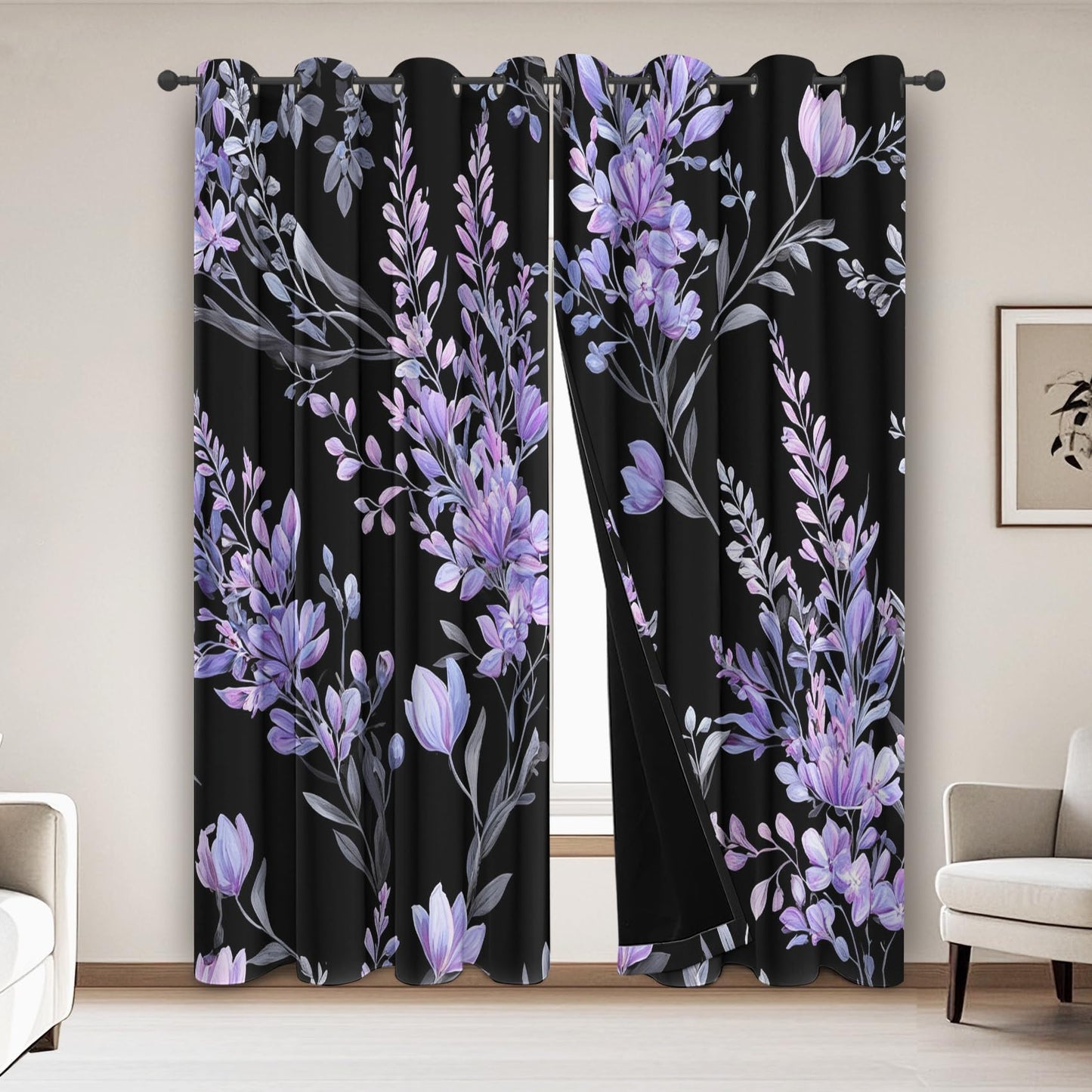 Lavender Blackout Curtains for Bedroom Living Room Purple Flower
