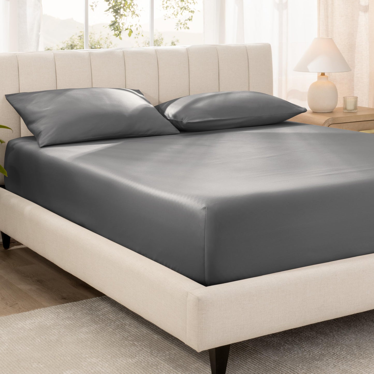 Bare Home 100% Organic Cotton Sateen Fitted Sheet - 400 Thread Count - Smooth Sateen Weave - Breathable & Cooling - Hotel Luxury - Durable Fitted Sheet - Deep Pocket (King, Grey)