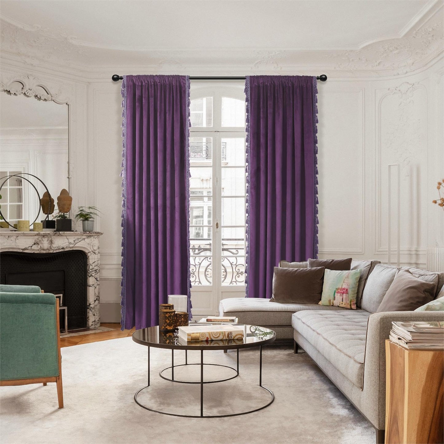 Fazhesici Purple Blackout Velvet Curtains 72 inch Length Windows Rod Pocket Drapes with Tassels Soundproof Thermal Curtains for Living Room 2 Panels Set 52" x 72"