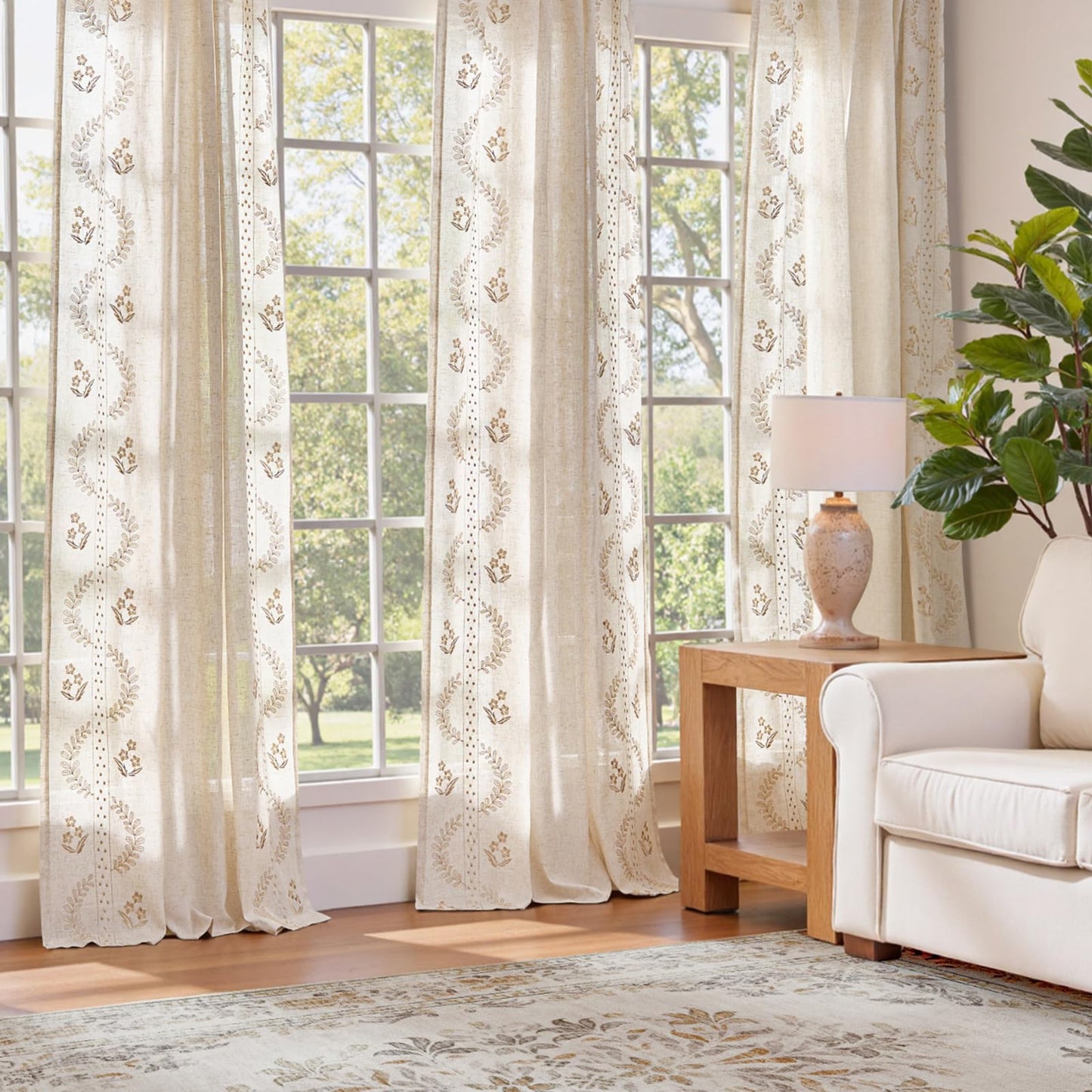 jinchan Belrose Linen Curtains for Bedroom Floral Curtains 84 Inch Length Linen Blend Beige Embroidered Drapes Farmhouse Flower Patterned Drapes for Living Room Window Treatments Set 2 Panels