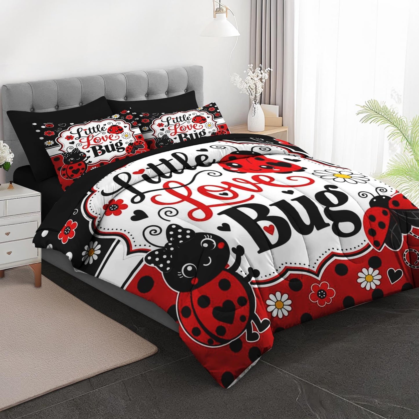 Boewywh Comforter Set Twin Size Ladybug Valentines Heart 5 Pcs, Bedding for Kids and Adults, Bed Sheet Sets with Fitted Sheet Pillowcase & Sham for Bedroom Bed Decor