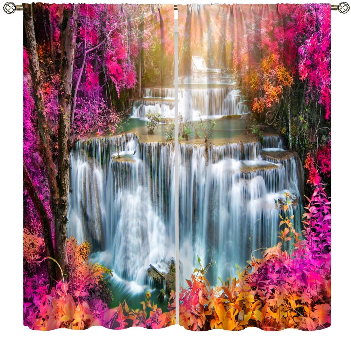 Focusbrite Waterfall Curtains，Spring Nature Theme Pink Floral Forest Landscape Scenery Pattern Waterproof Fabric Rod Pocket Window Drapes for Bedroom Living Room Cafe Set 2 Panels,42x45 Inches