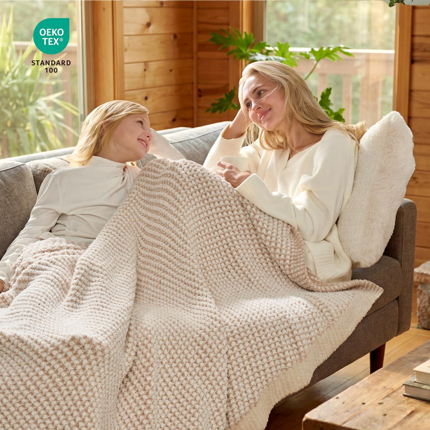 Snuggle Sac Cream Waffle Throw Blanket for Couch Bed Sofa 50x60 inches, Reversible Beige Blanket Microfiber Fluffy Fuzzy Cozy Knit Soft Throws for Women Mothers Birthday Gifts