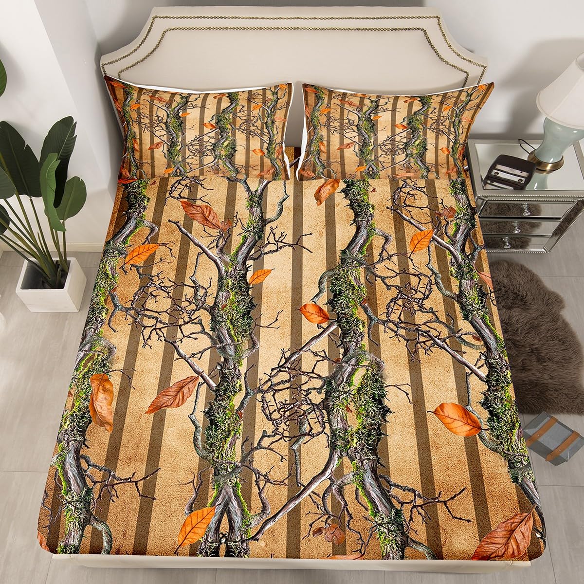 Tree Branches Kids Fitted Sheet Twin Size,Wild Jungle Botanical Leaves Rustic Bedding Set,Boys Girls Room Decor,Hunter Cabin Geometric Stripes Bed Cover,Brown Bed Sheet,1 Pillowcase(No Top Sheet)
