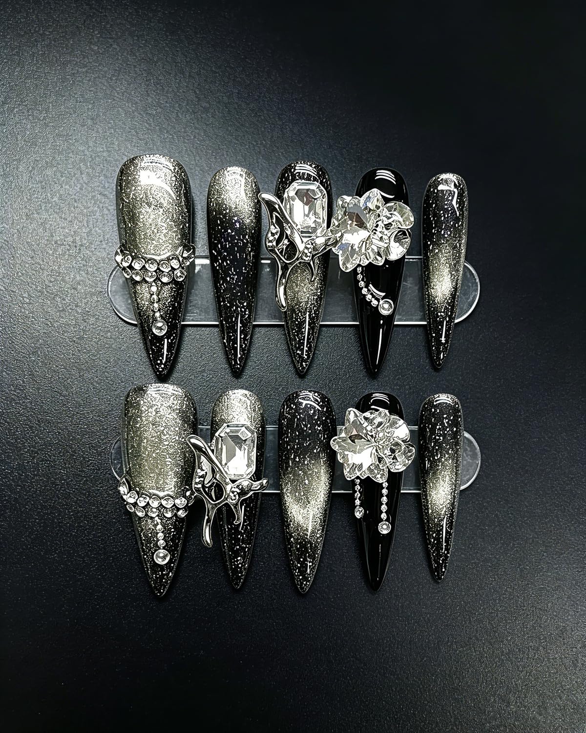 CAMILCY Handmade Luxury Press On Nails Black Silver Gradient Cat Eye Fake Nails Rhinestone 3D Charms Long Stiletto Glitter Acrylic Nail Tips Quality Reusable Gothic False Nails for Women (B03, M)