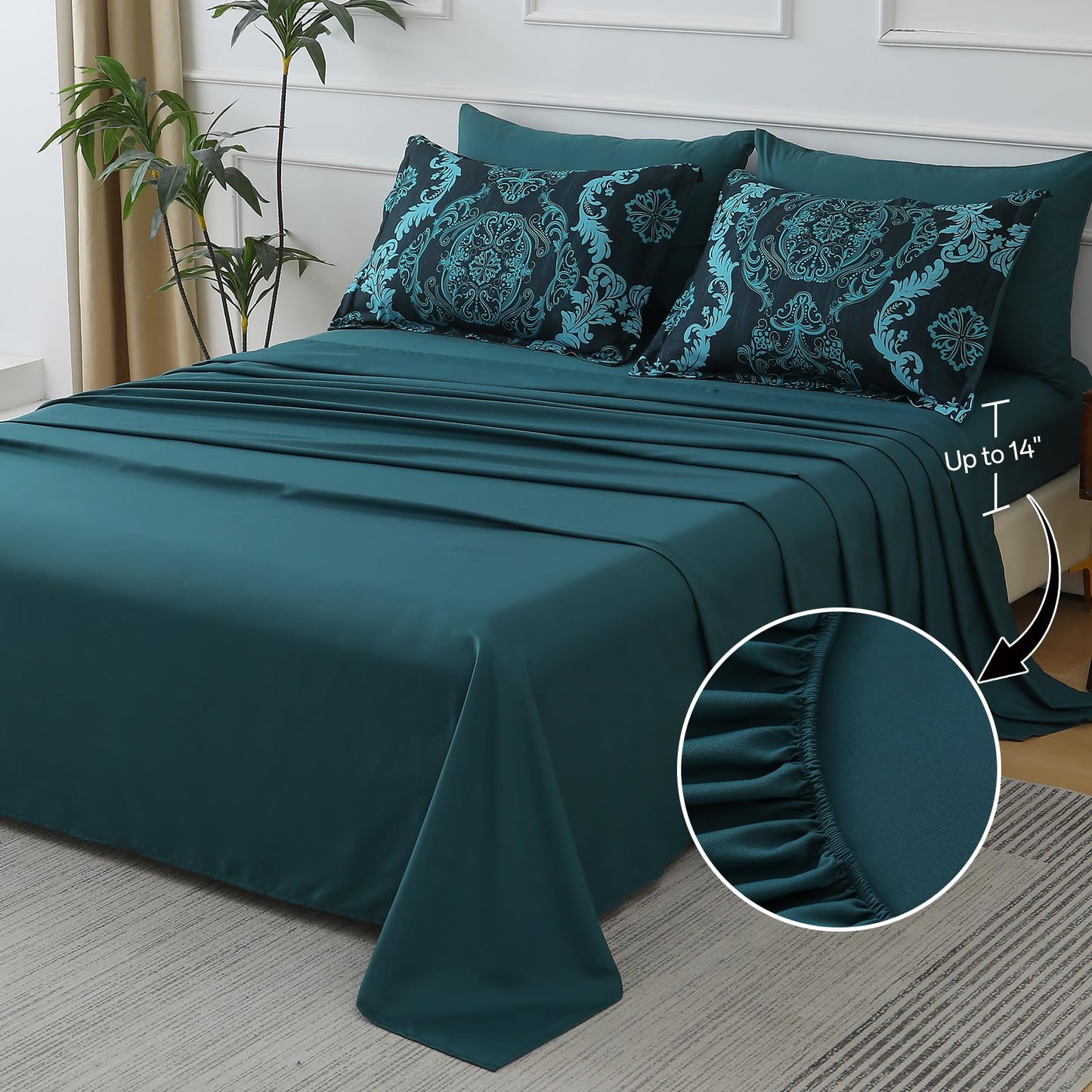 WONGS BEDDING 7 Piece Queen Comforter Set, Teal Texture Breathable Microfiber Comforter Bedding Set for All Season, Damask Bed in a Bag with Comforter, Flat Sheet, Fitted Sheet, Pillowcases & Shams