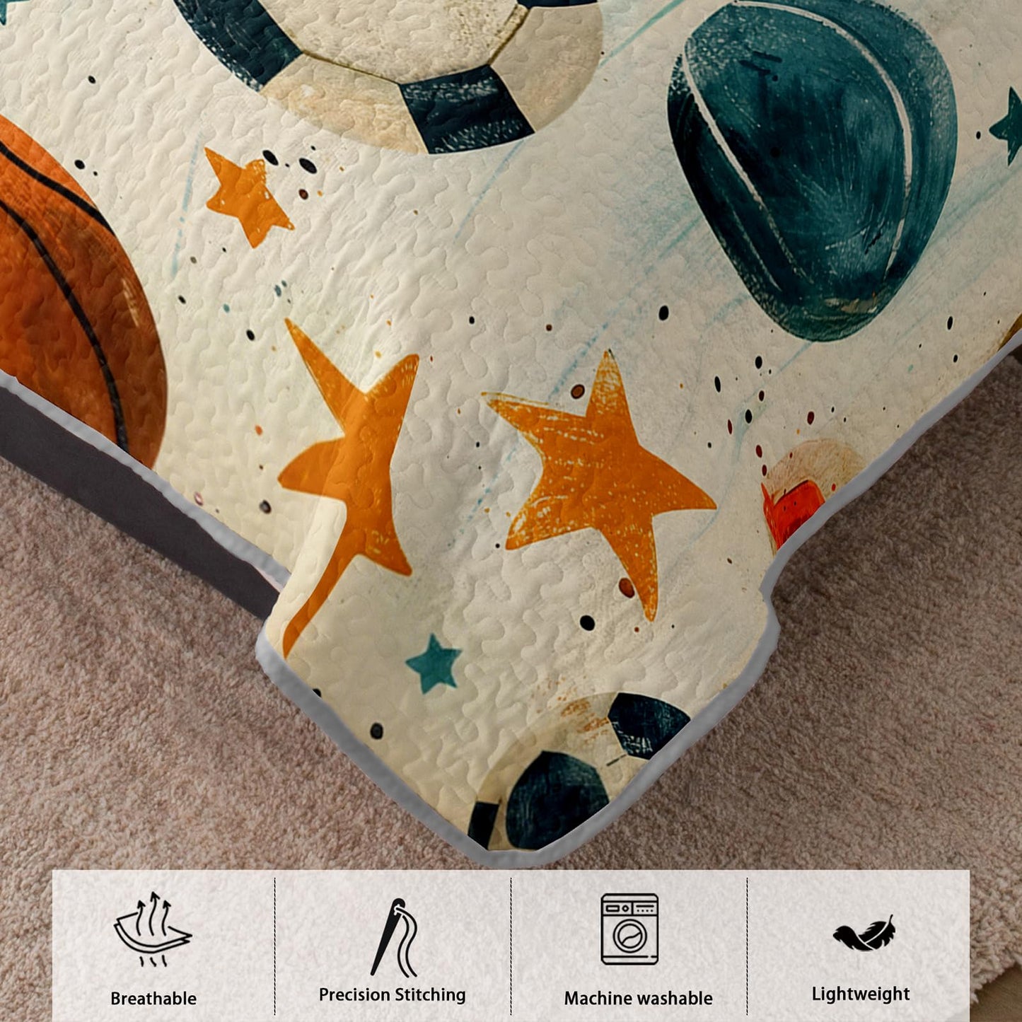 AILONEN Full Quilted Comforter Set 3 Piece, Hand-Drawn Ball Game Bedspread Coverlet with 2 Pillowcases, Soft Sporty Bedding for Teens Guest Apartment Beige Sketchy Starry Theme Athletic