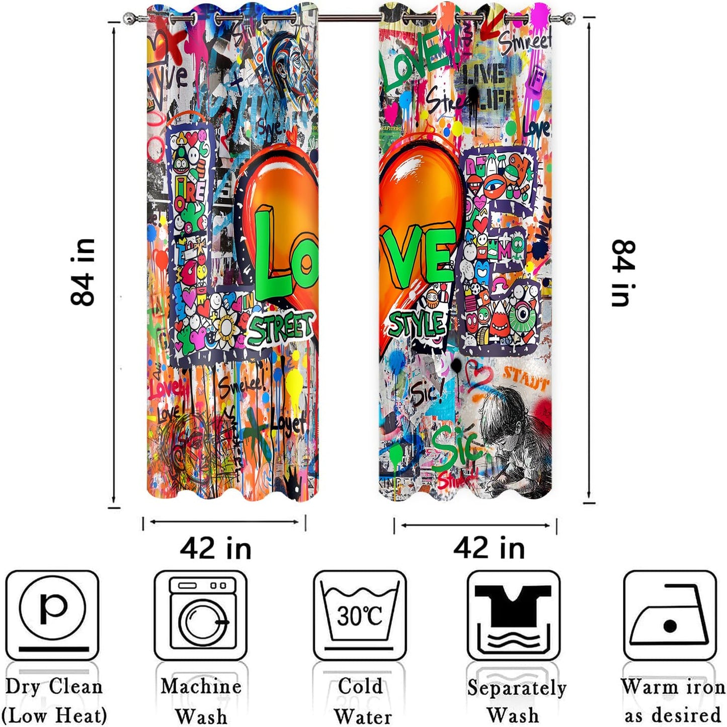 HIYSMT Graffiti Wall Hip Hop Curtains 42x84inch Alphabet Love Heart Art Design Blackout Curtain Modern Abstract Colorful Urban Graffiti Privacy Drapes for Bedroom Living Room 2Panels HI07YL