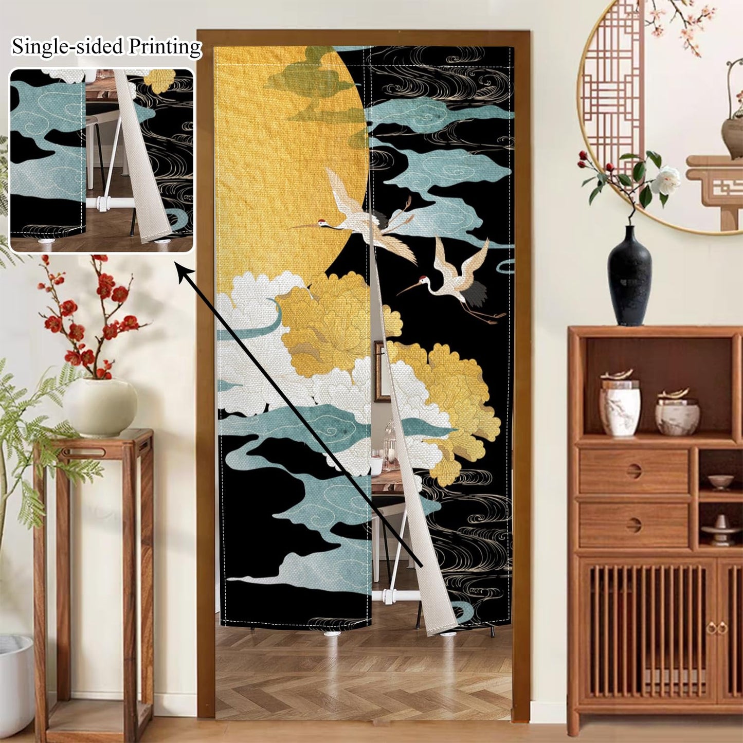 XMJJKUF Japanese Noren Doorway Curtain Japanese Style Cranes Moon Printed Window Treatment Single-Side Door Curtain Tapestry Panel for Room Privacy Partition Divider Home Decoration, 33.5"x 70.9"