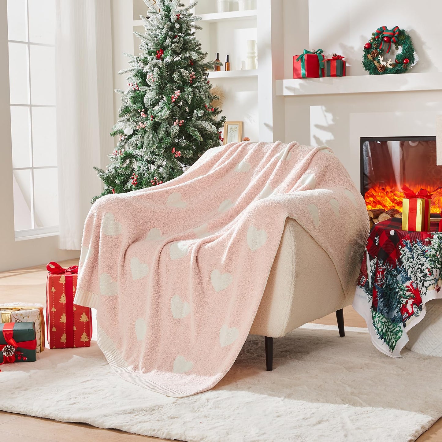 Douceur Love Heart Throw Blanket, Ultra Soft Pink Fluffy Valentine’s Day Blanket, Reversible Cozy Decorative Blanket for Bed Couch Sofa, Super Soft Indoor Living Room Plush Throws, 50"X60"