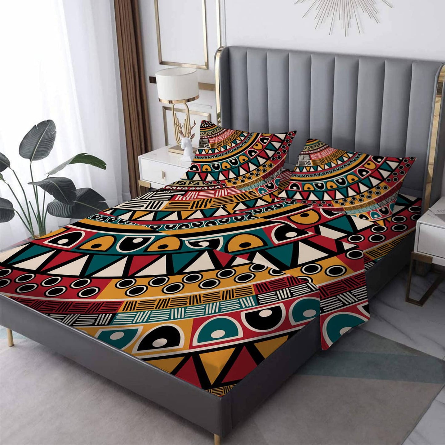 NOGAWA Tribe Sheets Queen Size, Bohemian Bed Sheets, Patterned Bedding Sheets & Pillowcases 4 Piece Set - Soft Microfiber Deep Pocket Fitted Sheet & Flat Sheet & 2 Pillow Cases