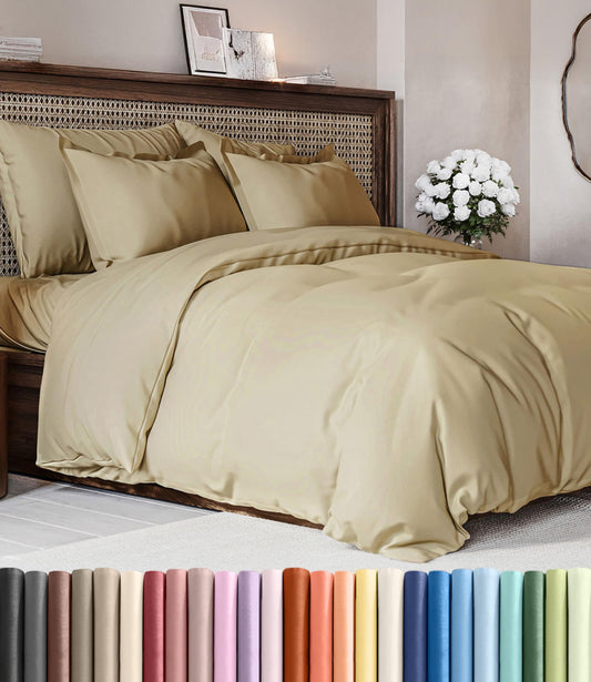 Duvet Cover Queen Size Set - Extra Soft Queen Duvet Cover 90" x 90" with 2 Pillow Shams - Hotel Luxury, Easy Care and Fade Free w/ Zipper Closures & Ties - All Season, Comfy, Cozy & Breathable (Beige)