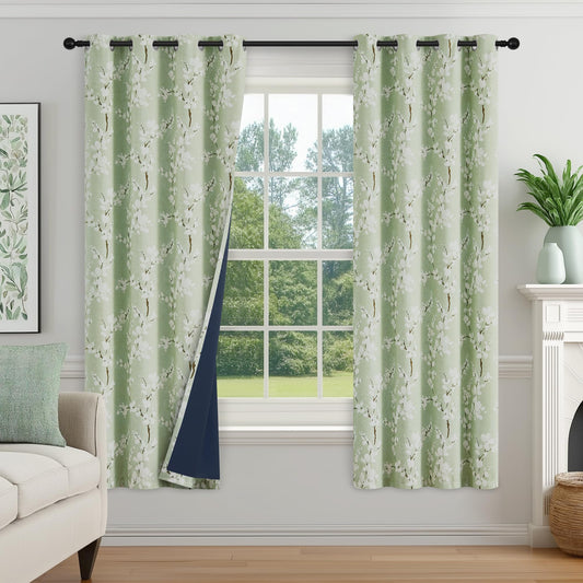 FMFUNCTEX 100% Blackout Floral Curtains for Bedroom, Sage Green Curtains 63 inch Length Blossom Patterned for Living Room, Thermal Insulated Farmhouse Drapes, Grommet Top 2 Panels (White on Green)